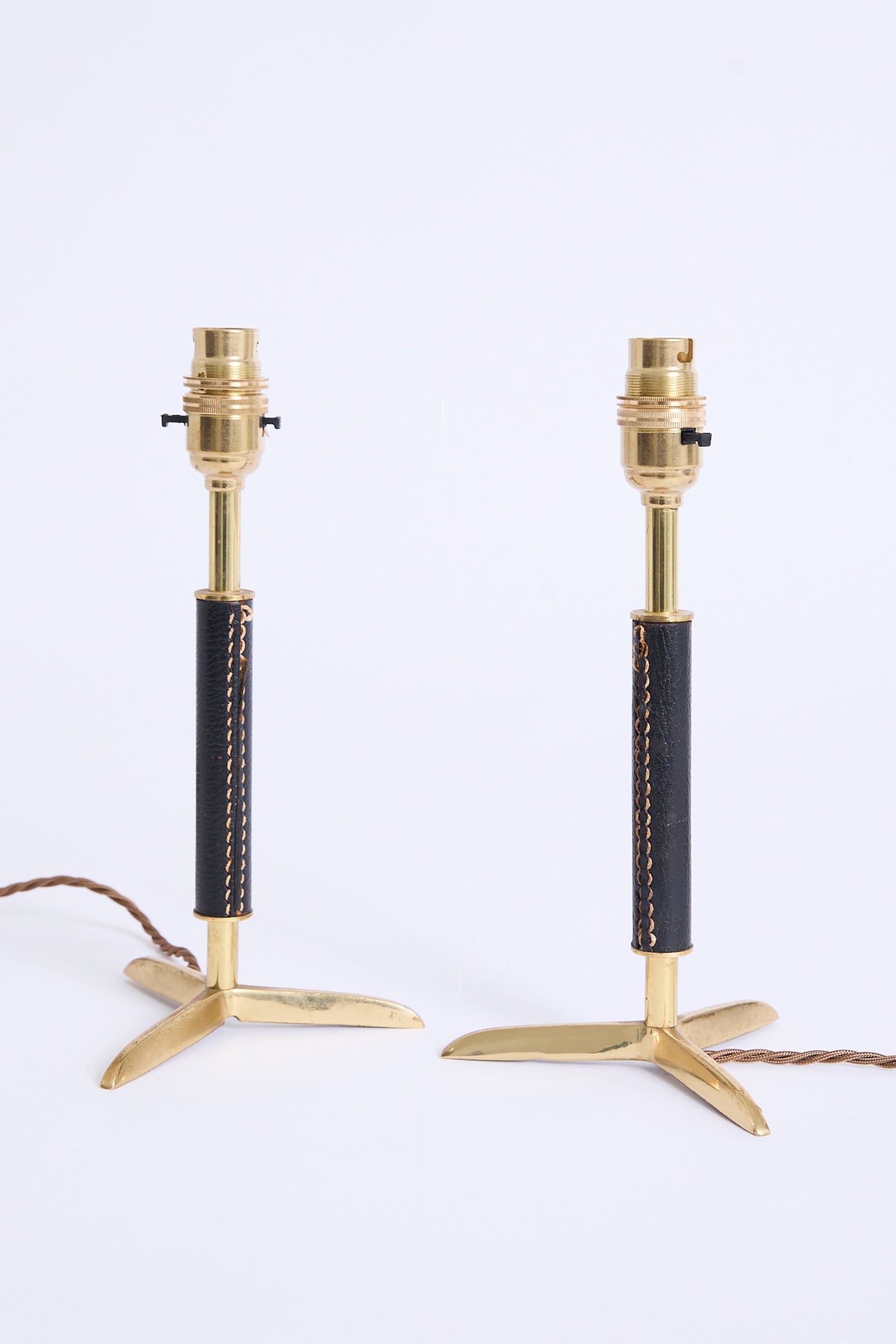 Pair of Black Leather and Brass Table Lamps