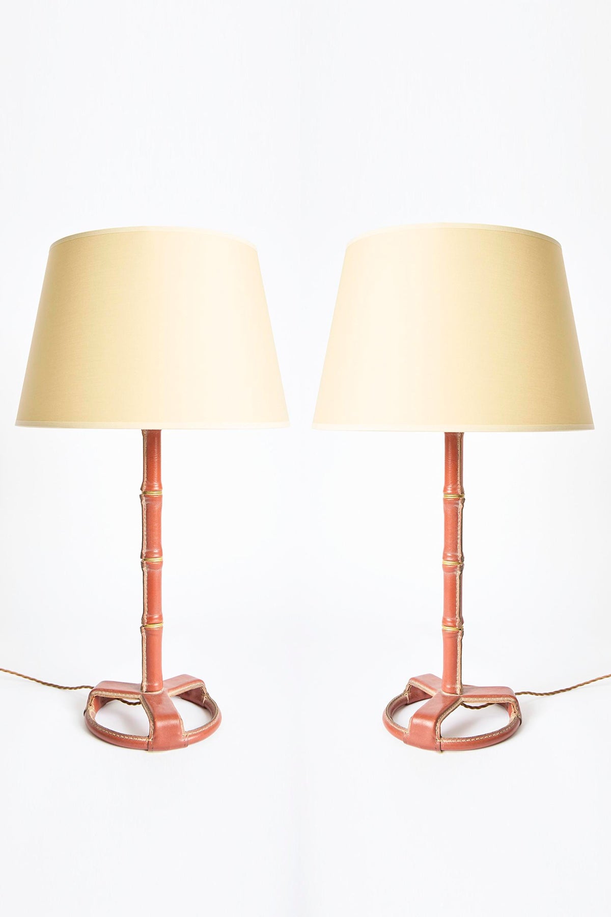 Pair of Brown Leather Table Lamps by Jacques Adnet