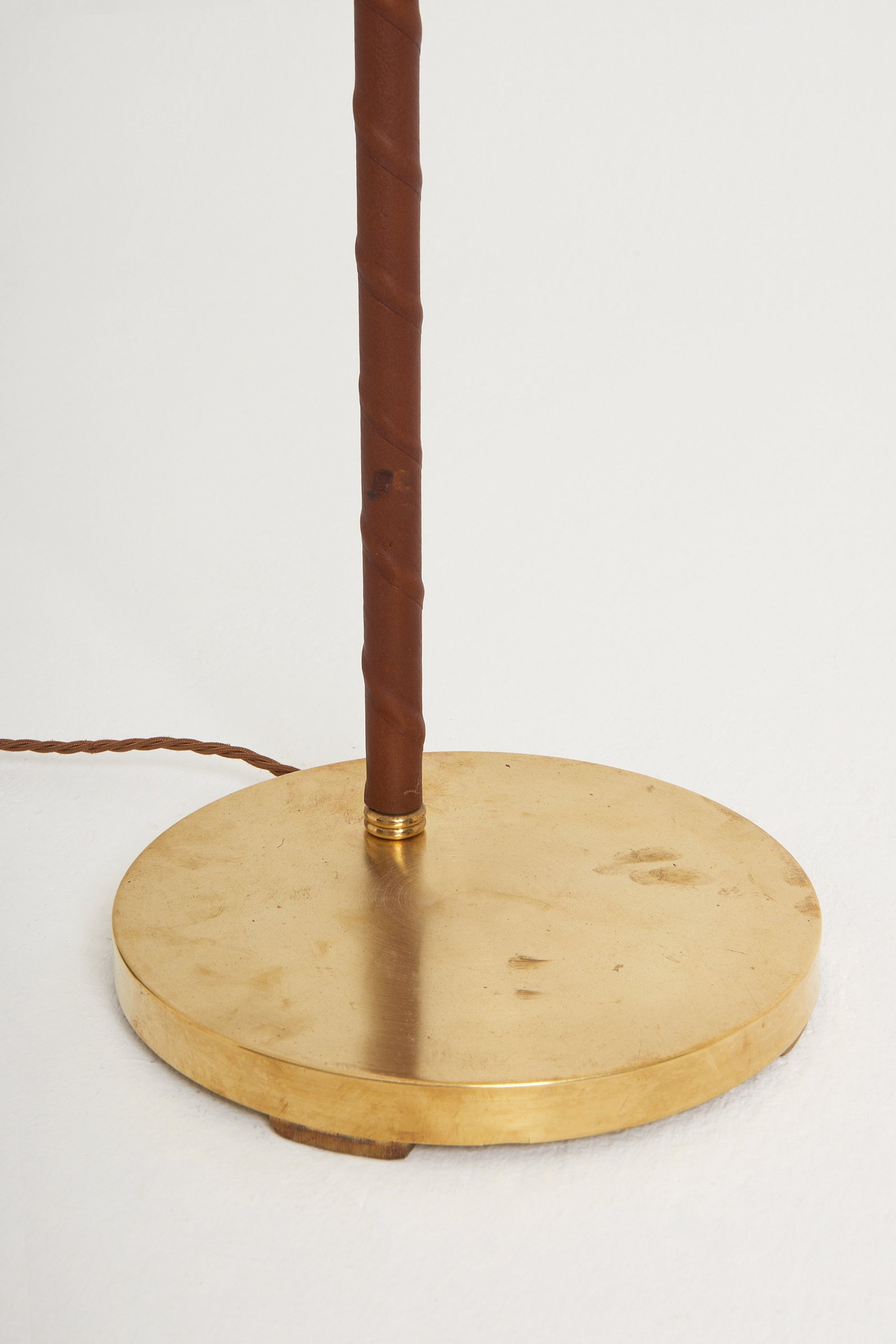 Mid-Century Brass and Brown Leather Reading Floor Lamp