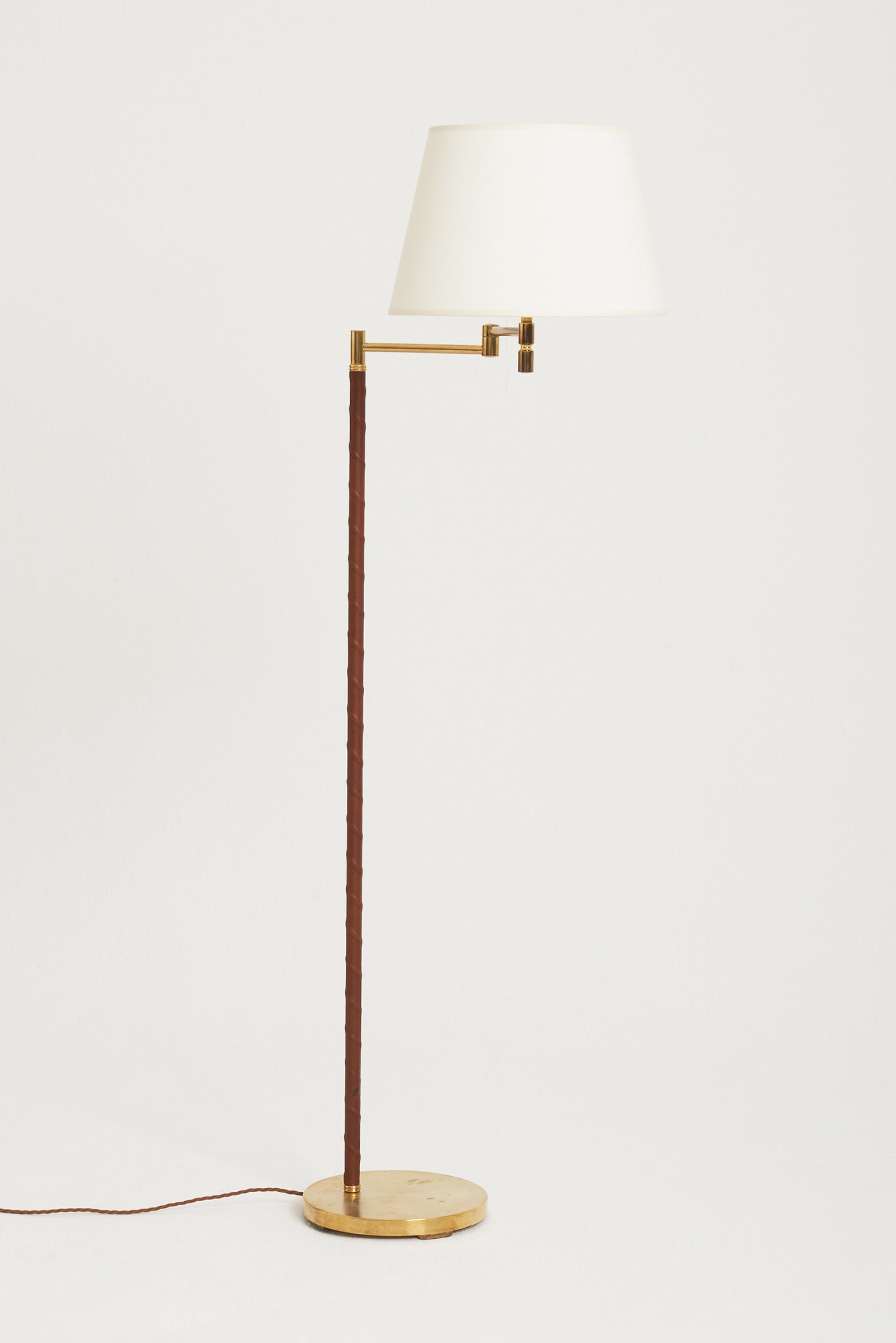 Mid-Century Brass and Brown Leather Reading Floor Lamp