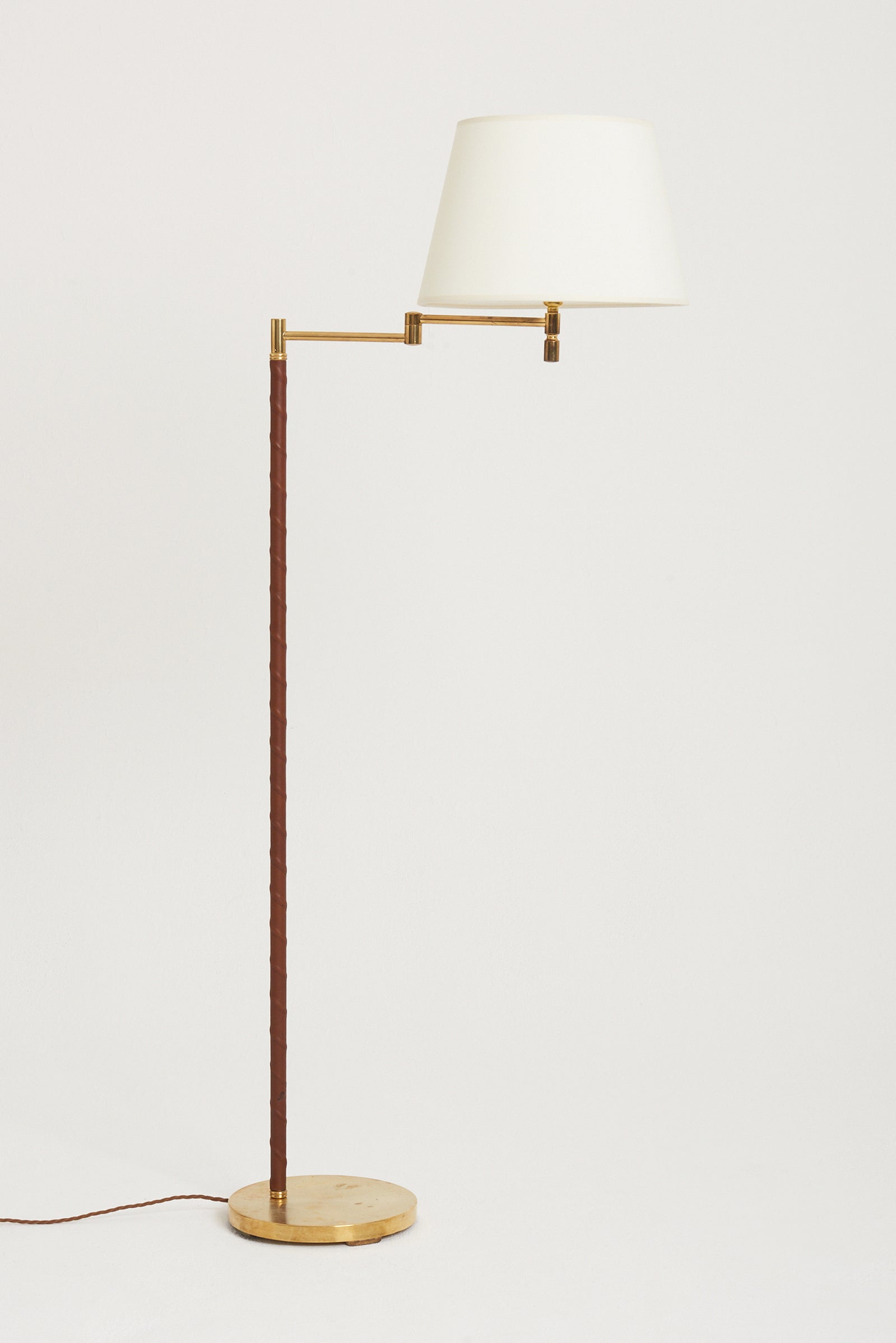 7551- Mid-Century Brass and Brown Leather Reading Floor Lamp