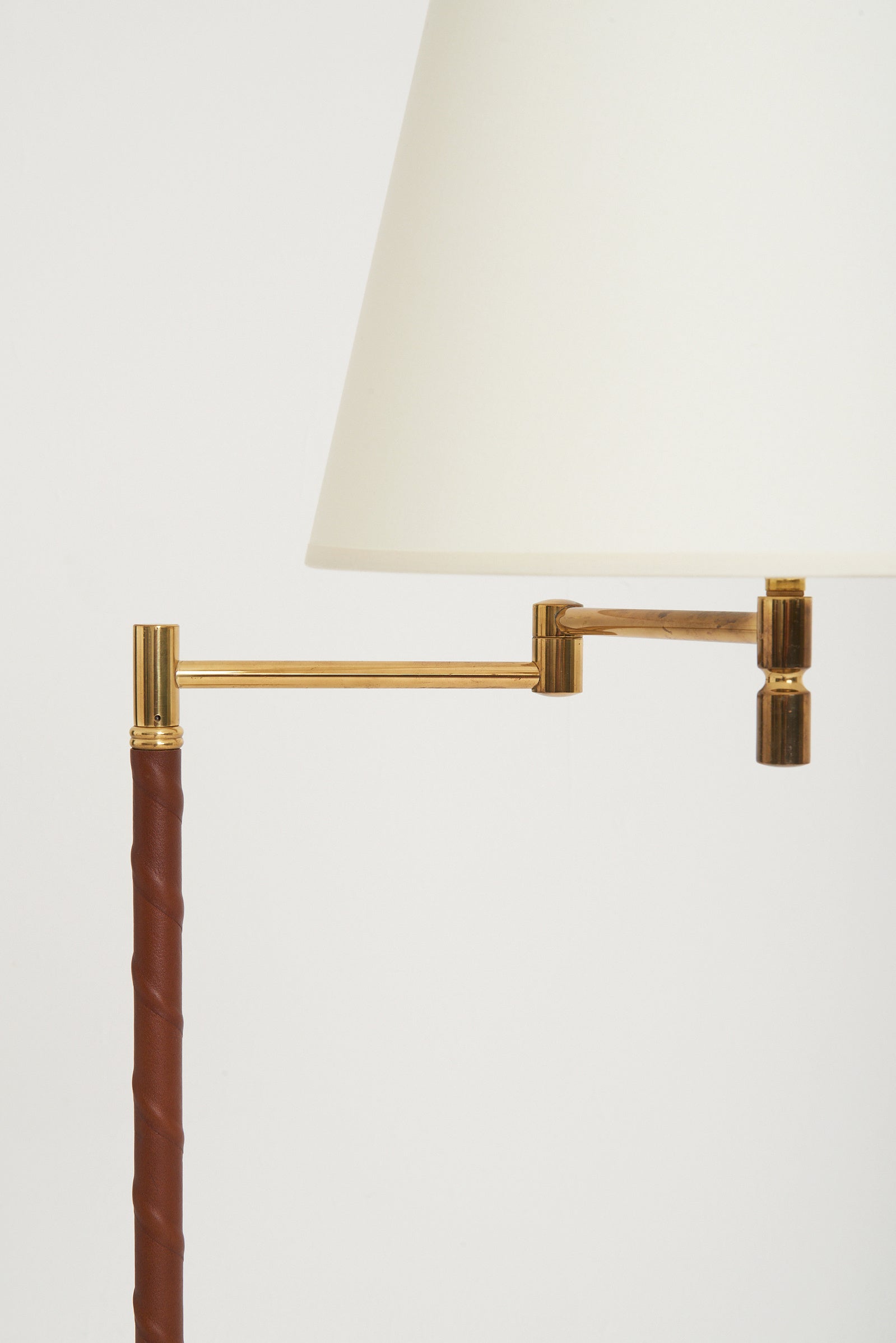 Mid-Century Brass and Brown Leather Reading Floor Lamp