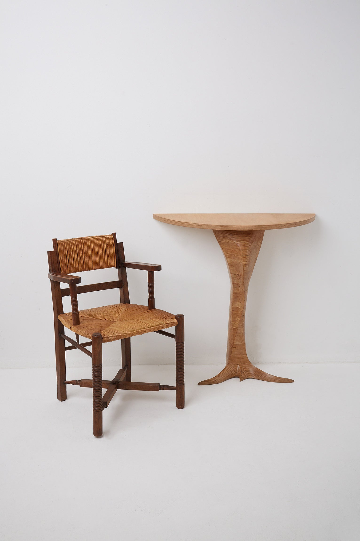 Unique Mid-Century Carved Demi-Lune Console Table