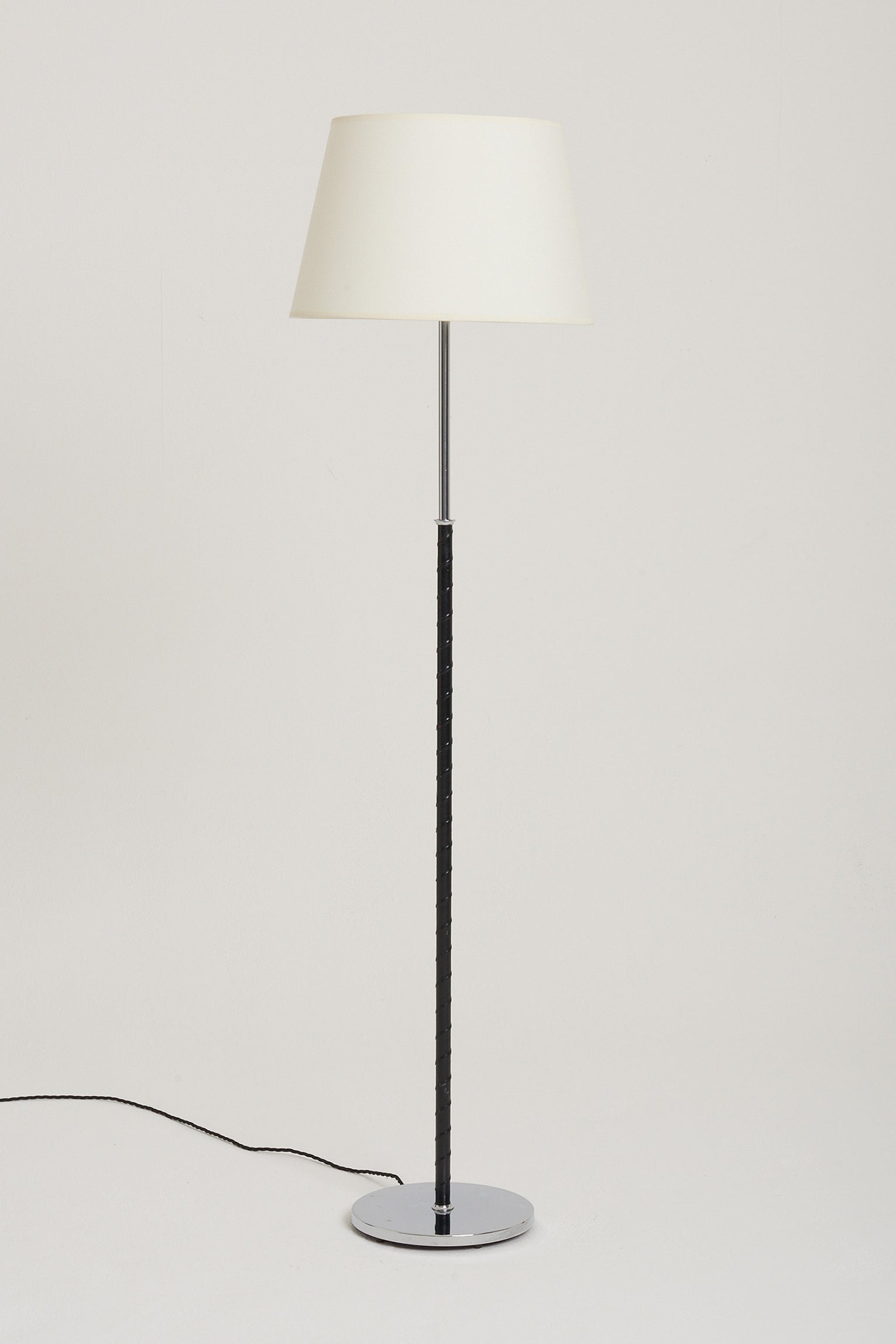 7814- Mid-Century Black Leather and Nickel Floor Lamp