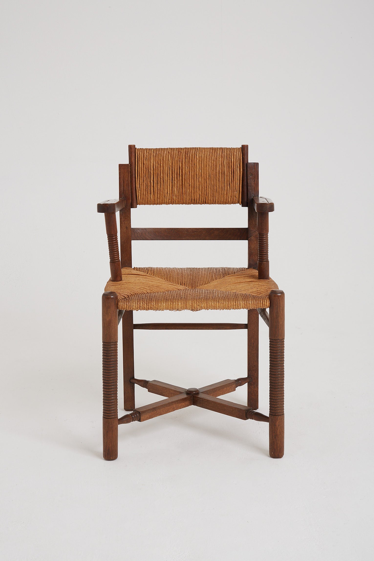 Pair of Oak and Straw Armchairs by Charles Dudouyt