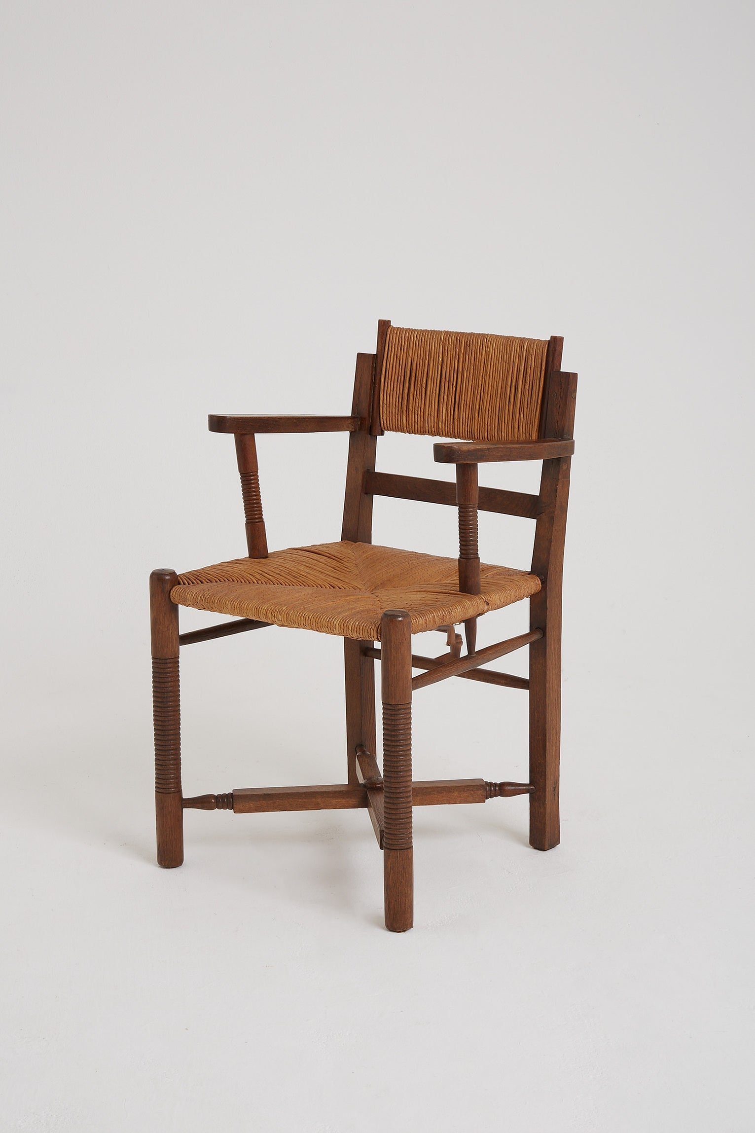 Pair of Oak and Straw Armchairs by Charles Dudouyt