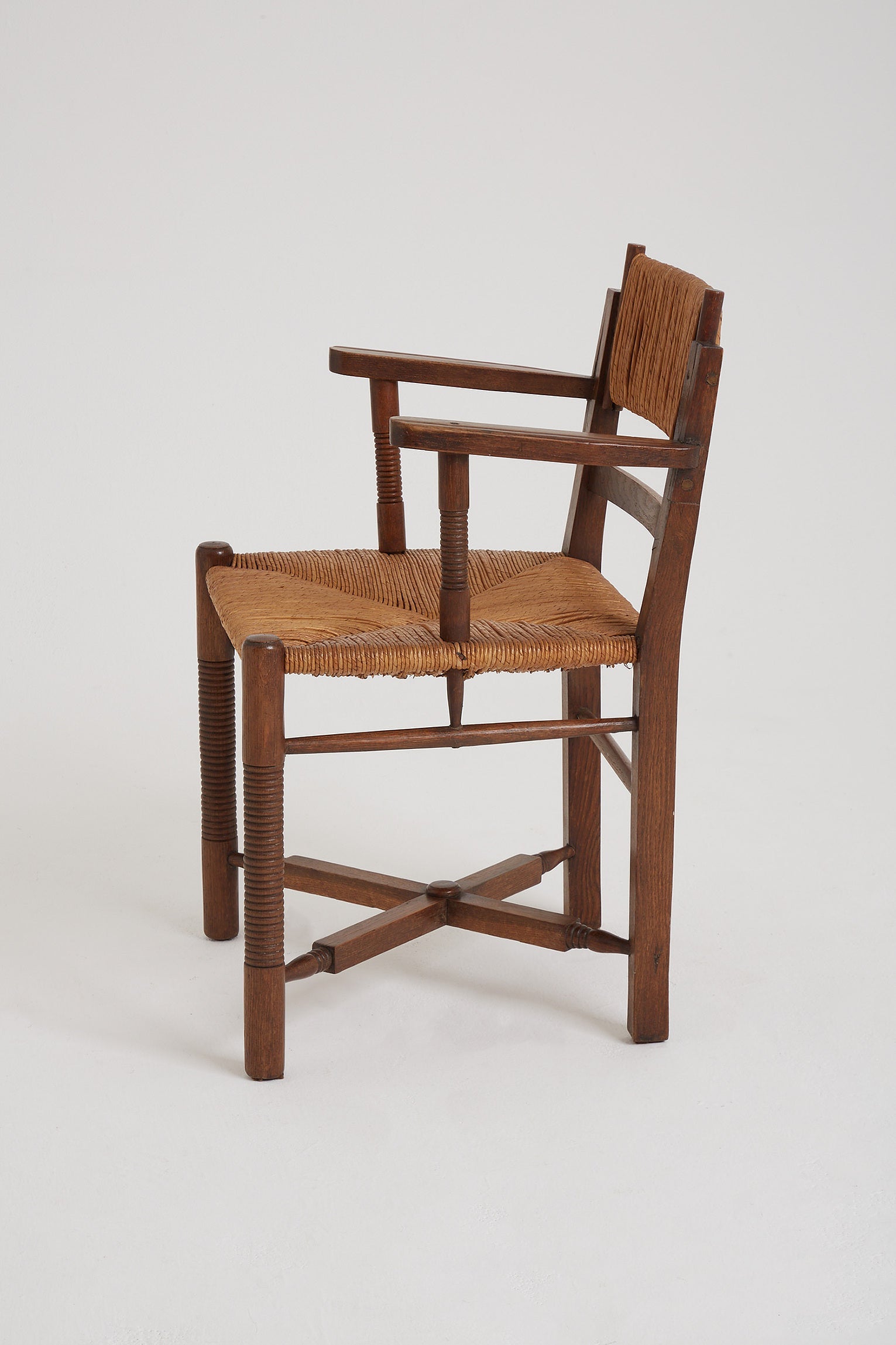 Pair of Oak and Straw Armchairs by Charles Dudouyt