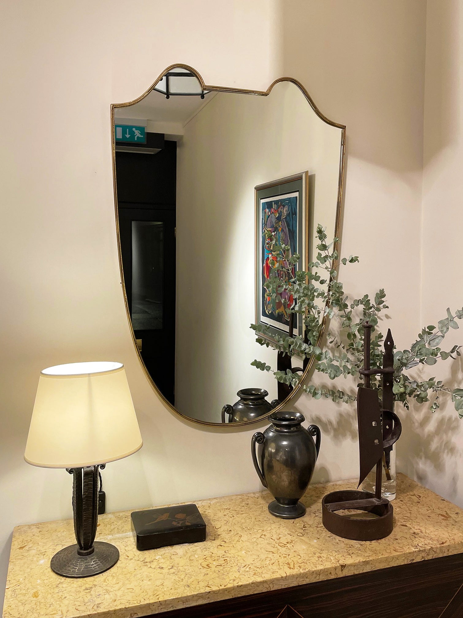 7877- Large 1950s Shield Brass Mirror