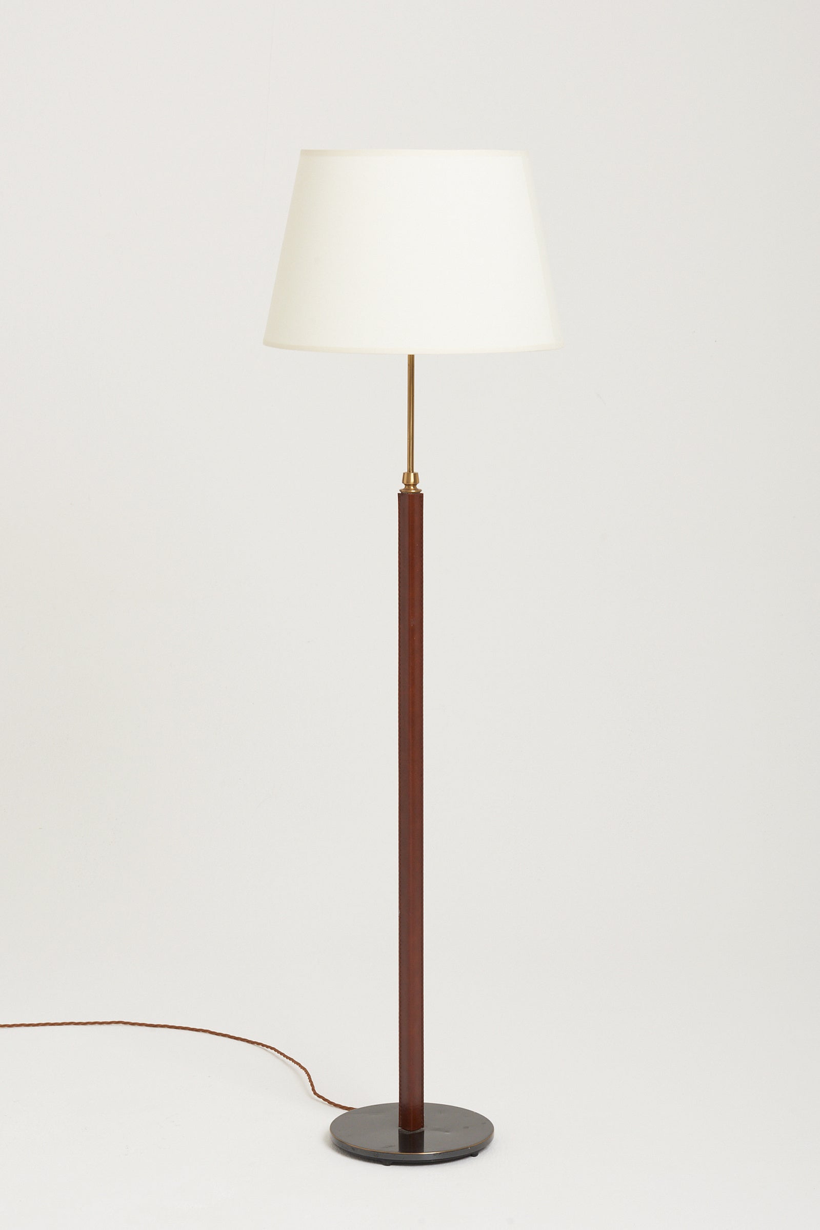 7907- Mid-Century Faux Brown Leather and Brass Floor Lamp by Falkenbergs Belysning