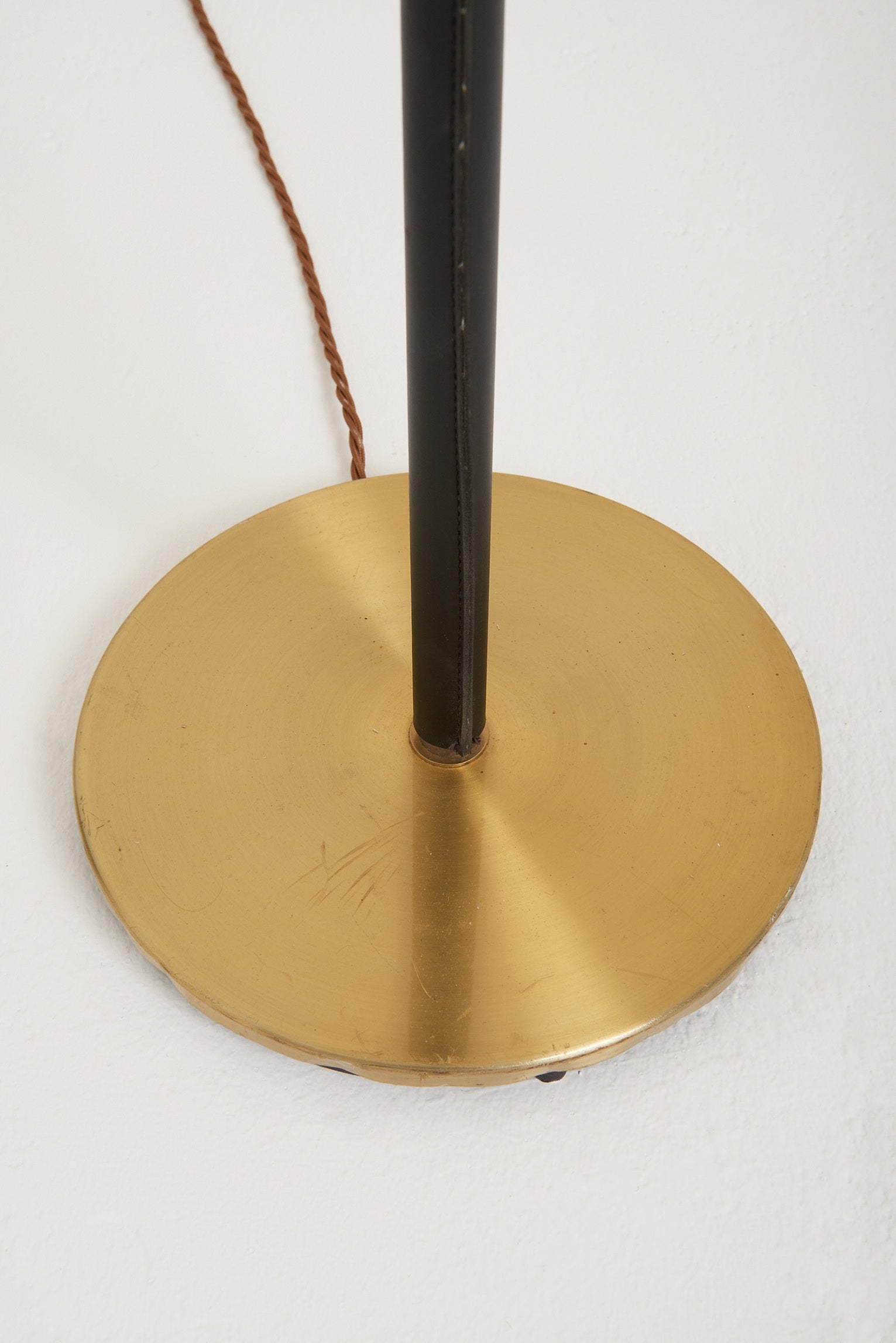 Mid-Century Black Leather and Brass Floor Lamp