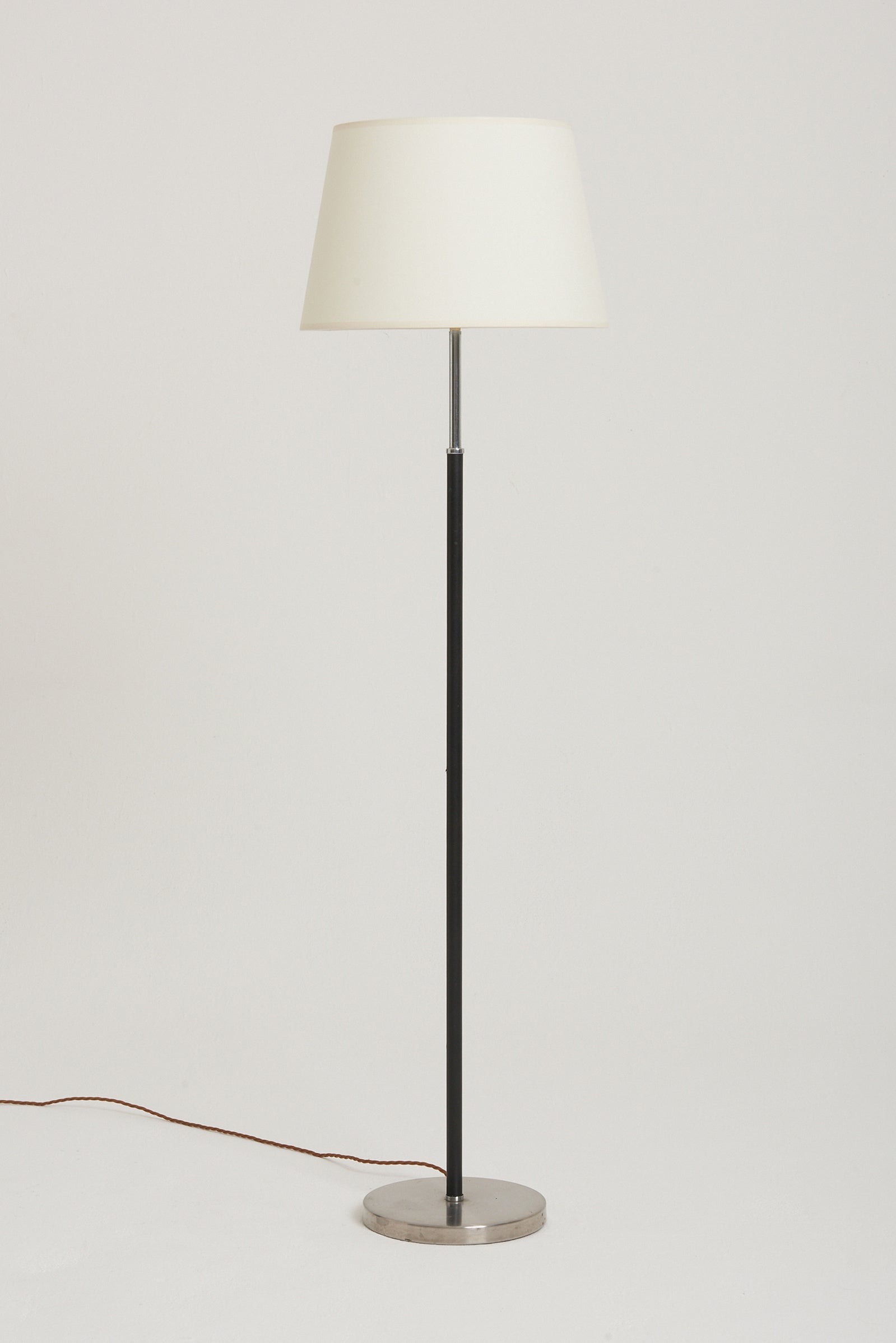 7909- Mid-Century Black Leather and Nickel Floor Lamp