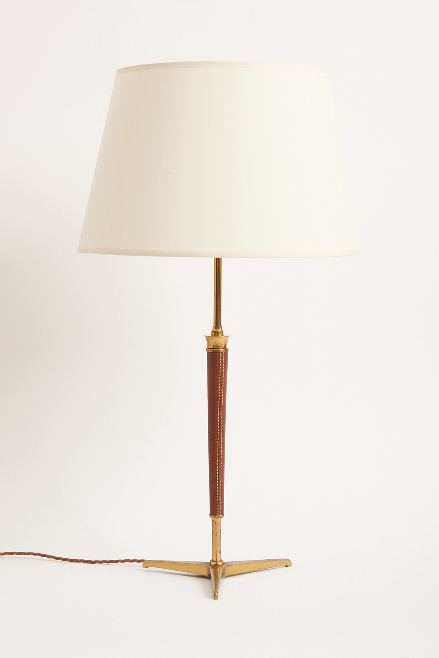 7949- 1950s Brass and Brown Leather Table Lamp