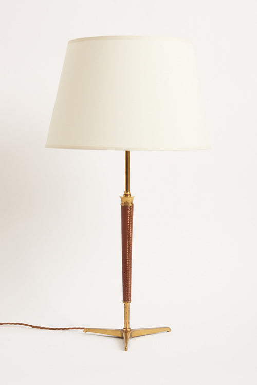 7949- 1950s Brass and Brown Leather Table Lamp