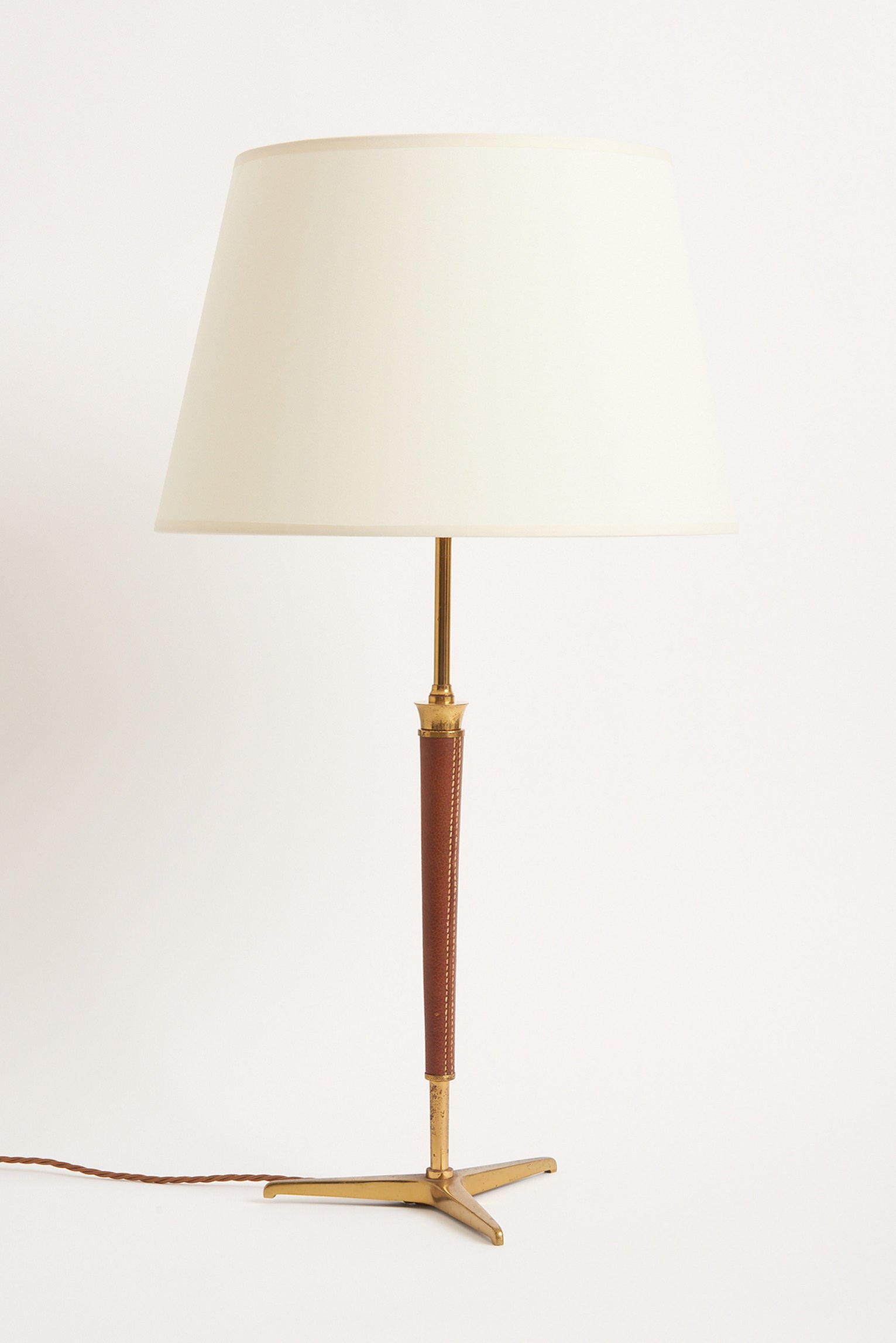 1950s Brass and Brown Leather Table Lamp