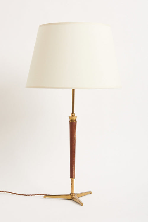 1950s Brass and Brown Leather Table Lamp