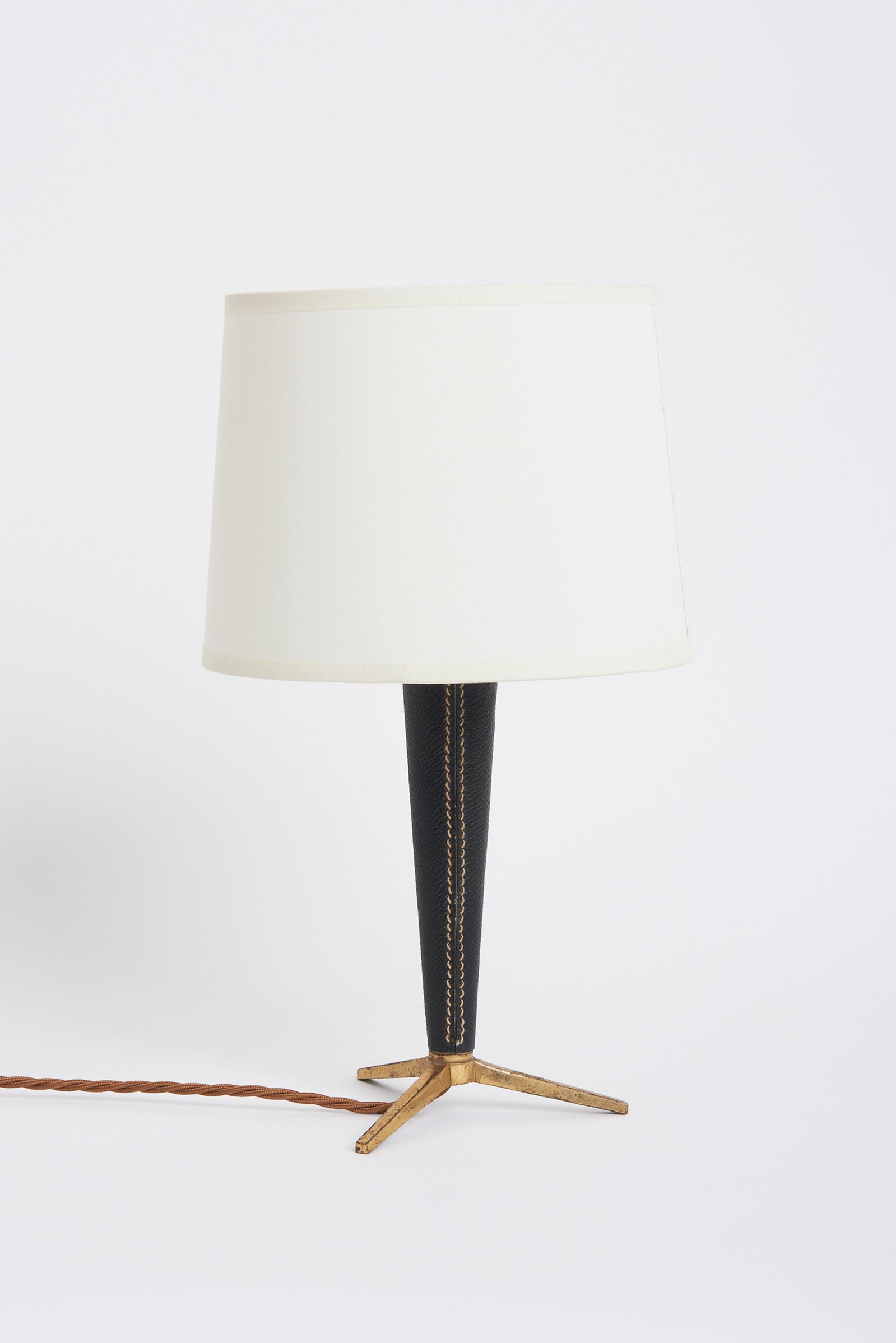 8075- Mid-Century Black Leather and Brass Table Lamp