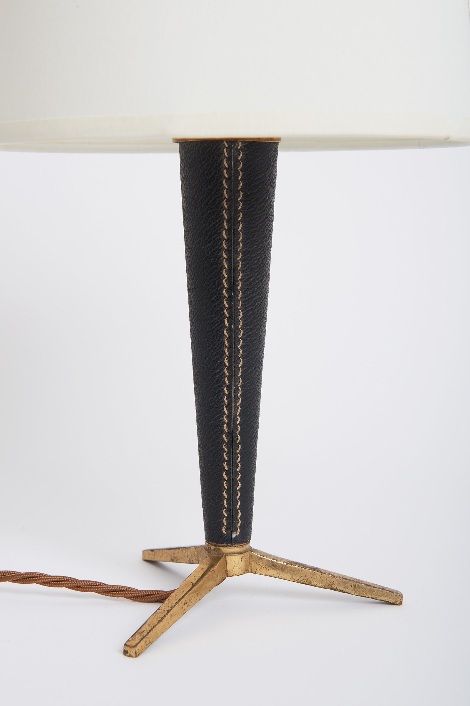 Mid-Century Black Leather and Brass Table Lamp