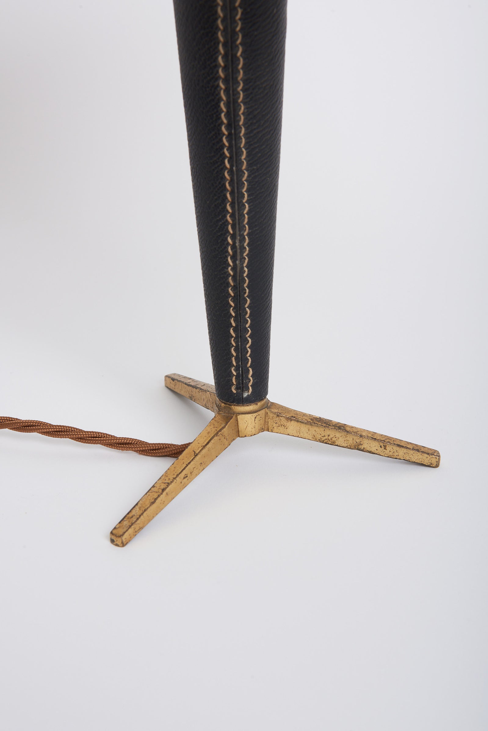 Mid-Century Black Leather and Brass Table Lamp