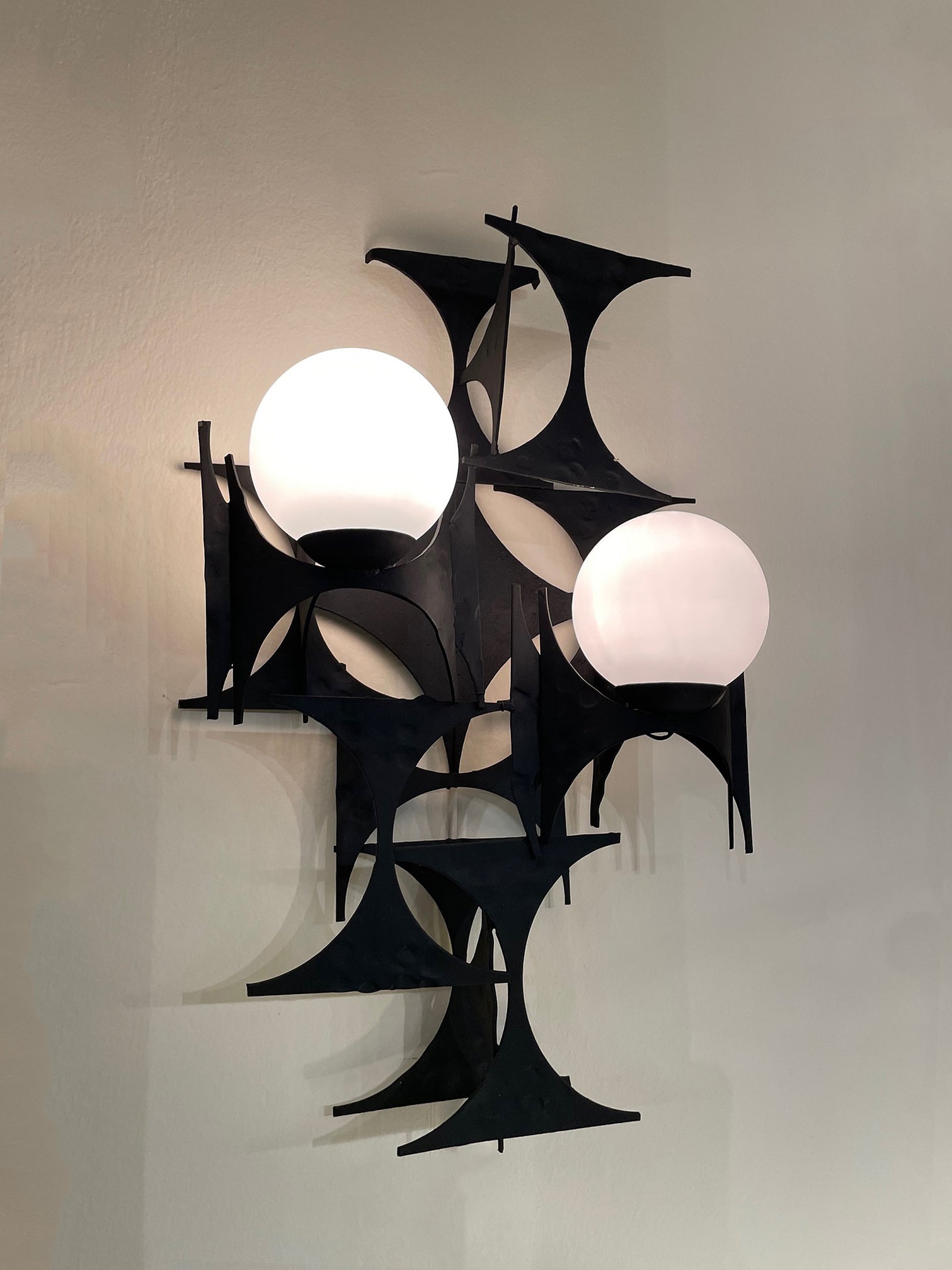 Pair of Brutalist Iron and Glass Wall Lights