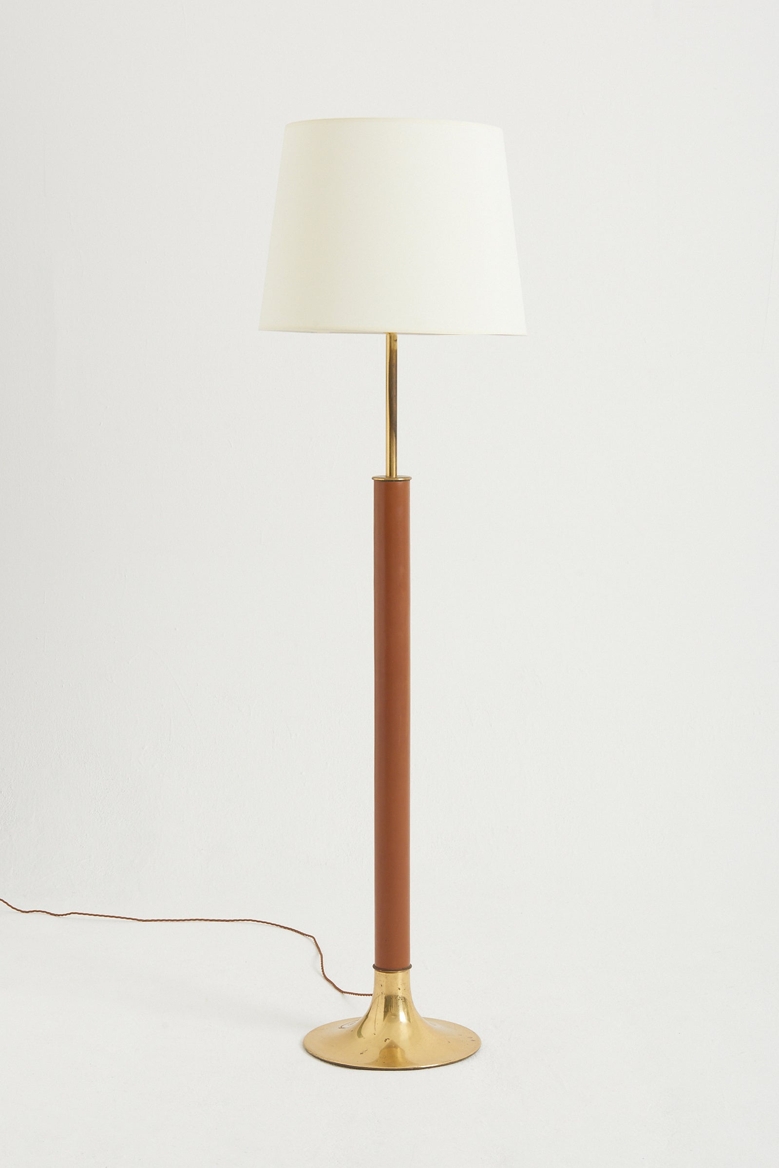 8166- Brass and Brown Faux Leather Floor Lamp