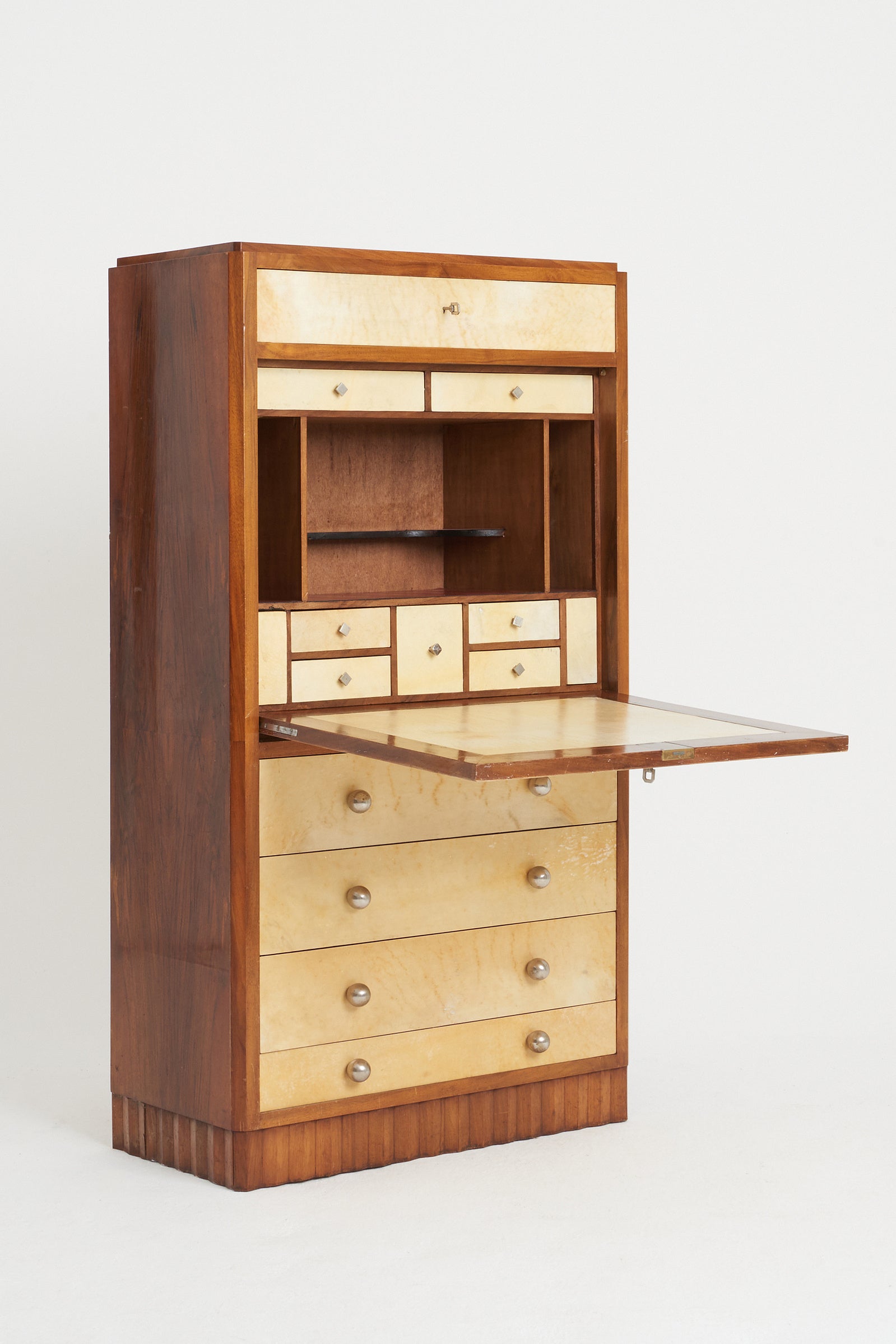 Art Deco Walnut and Velum Secretaire Cabinet