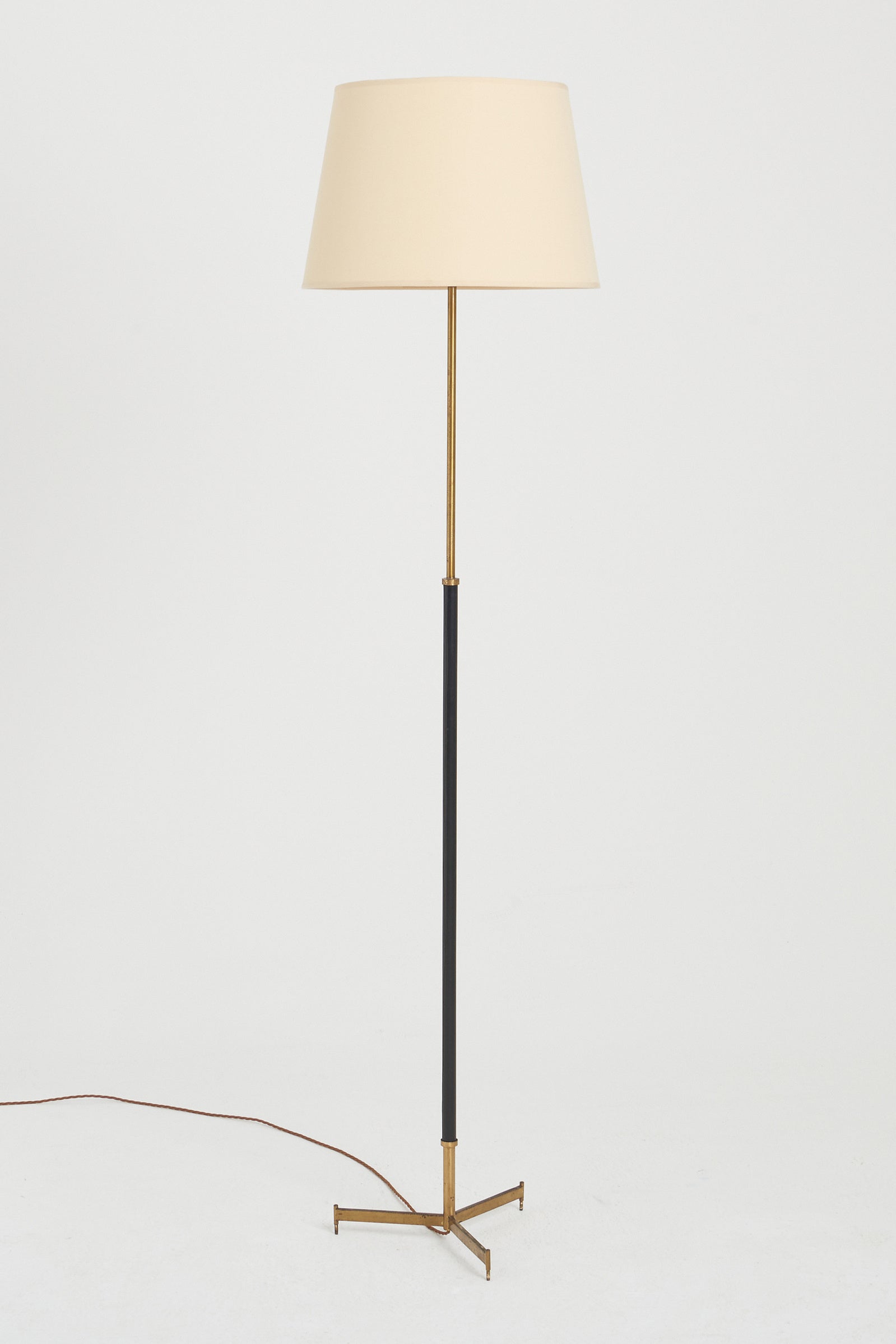 8386- Mid-Century Brass and Faux Black Leather Floor Lamp