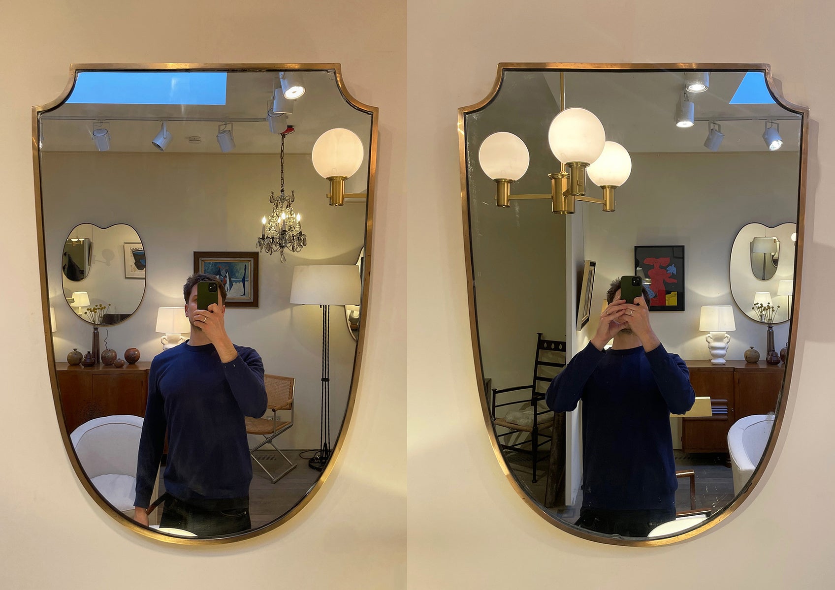 Pair of Midcentury Brass Shield Mirrors