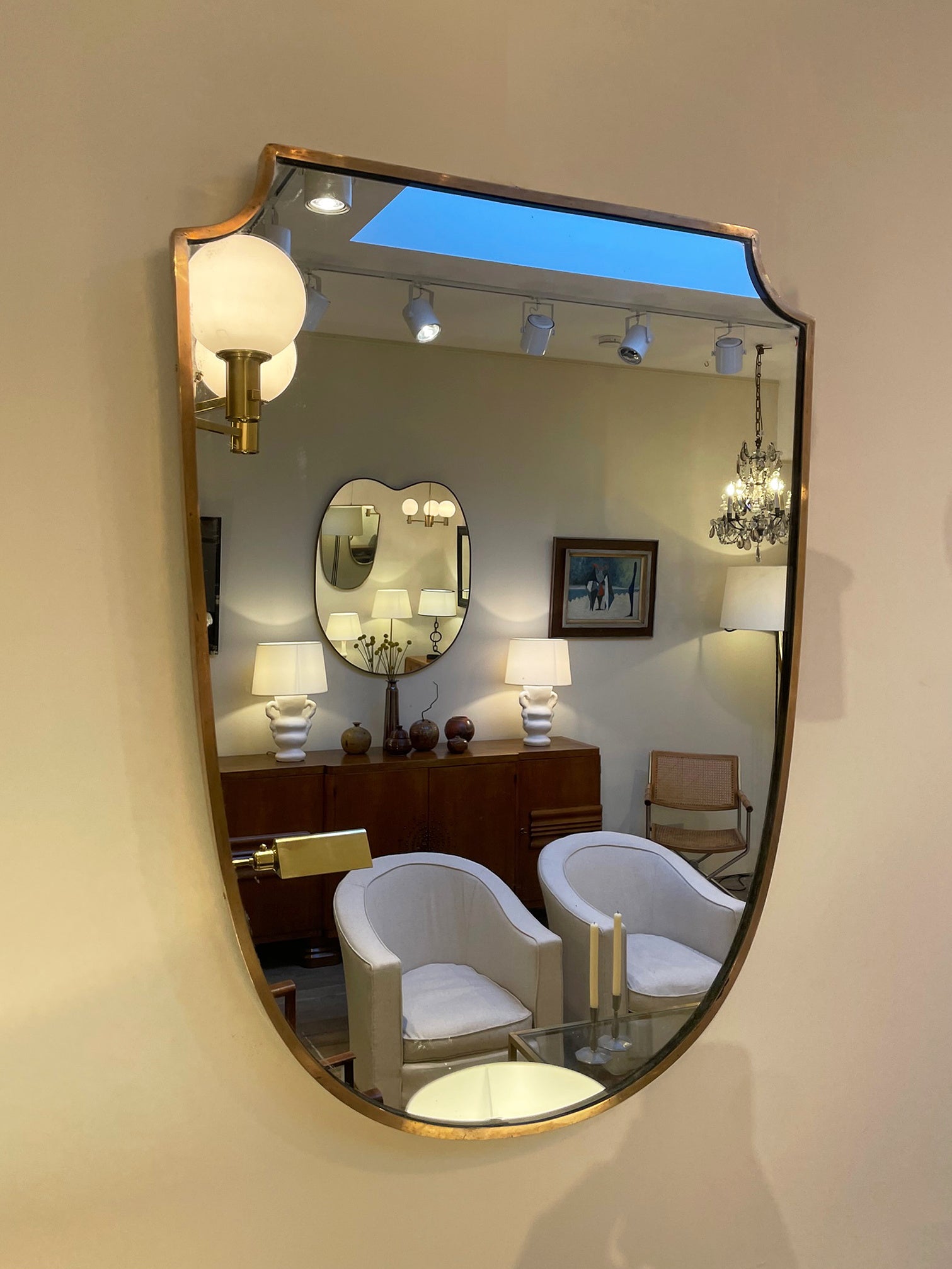 Pair of Midcentury Brass Shield Mirrors