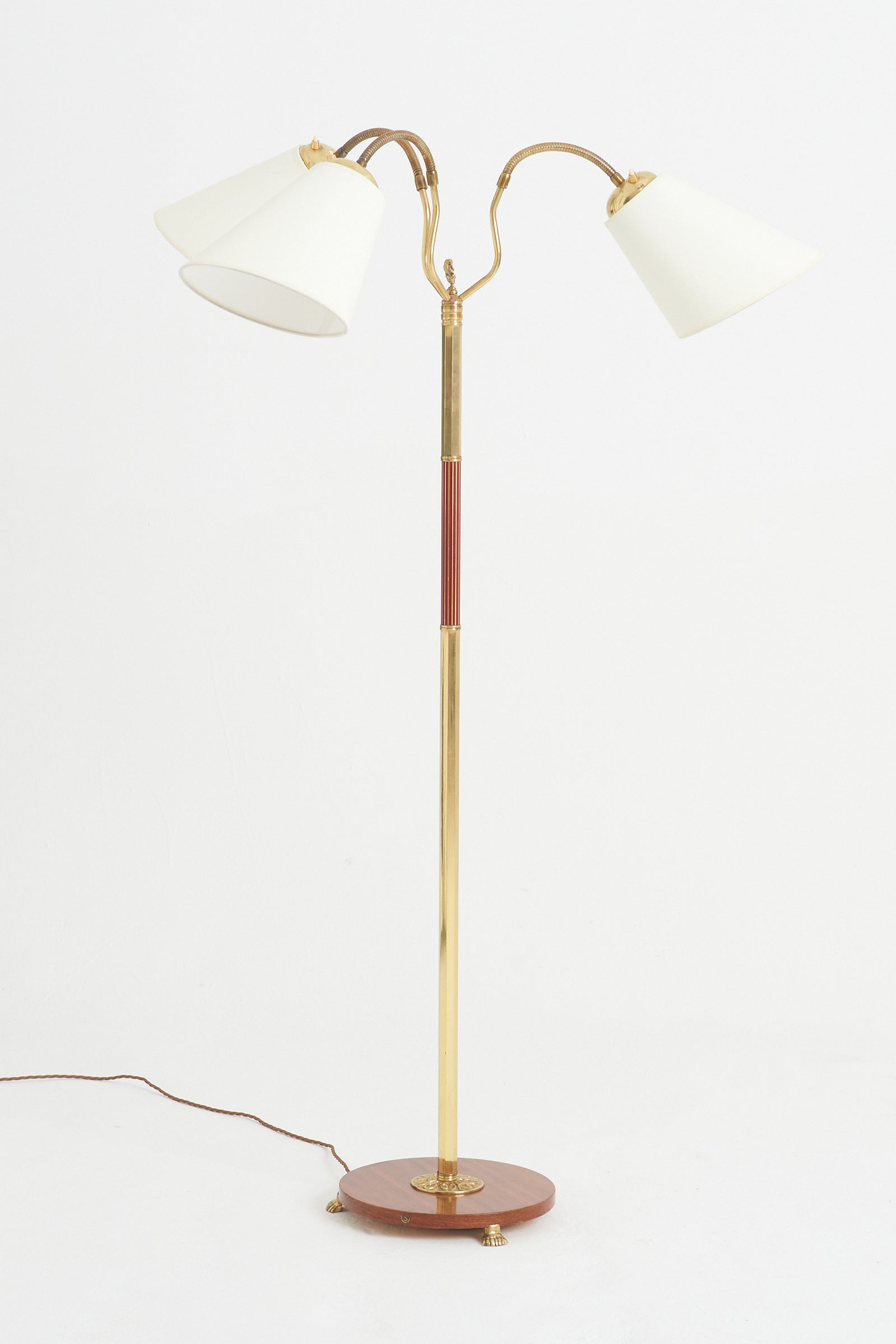Brass and Mahogany 3-Arm Floor Lamp