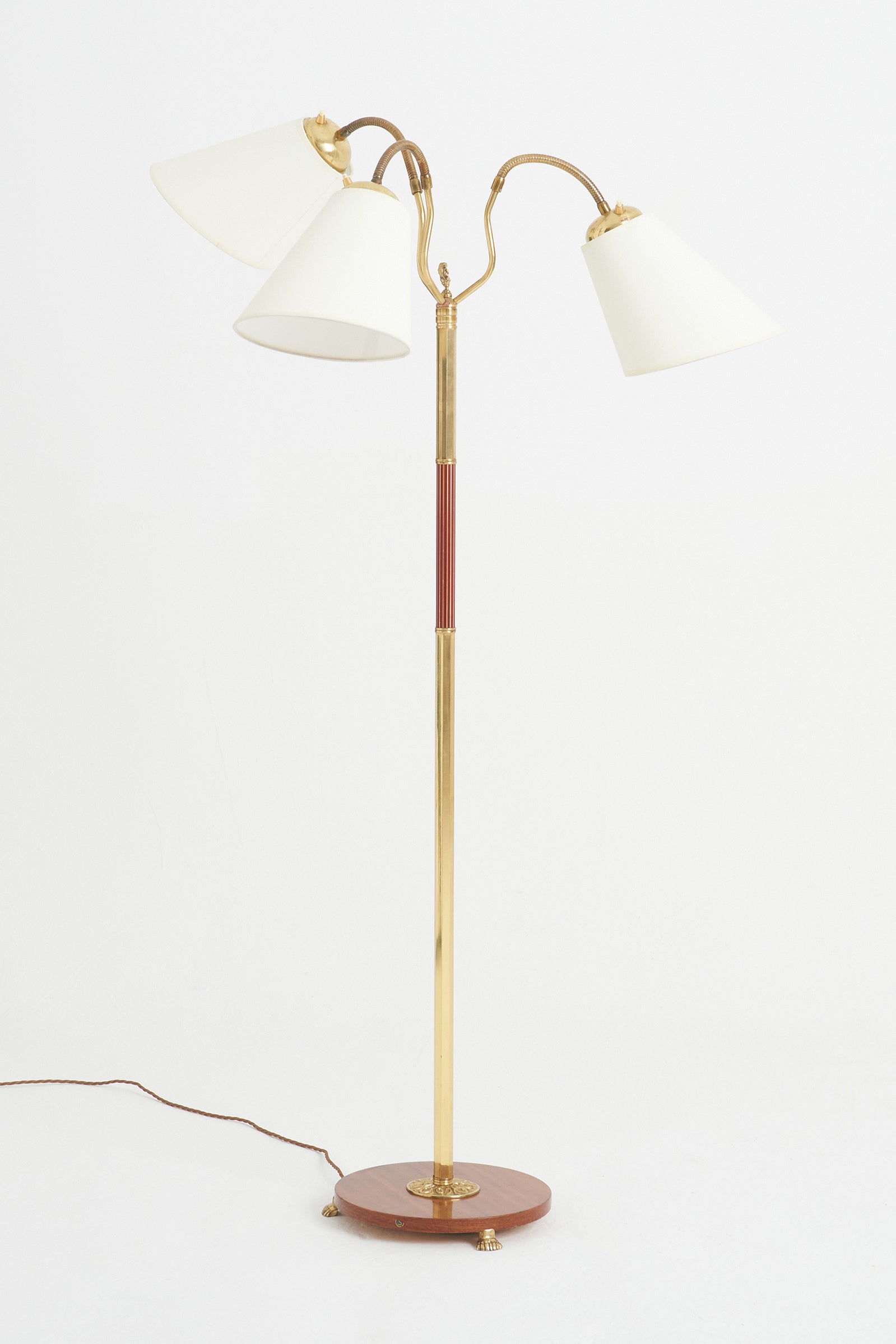 8515- Brass and Mahogany 3-Arm Floor Lamp