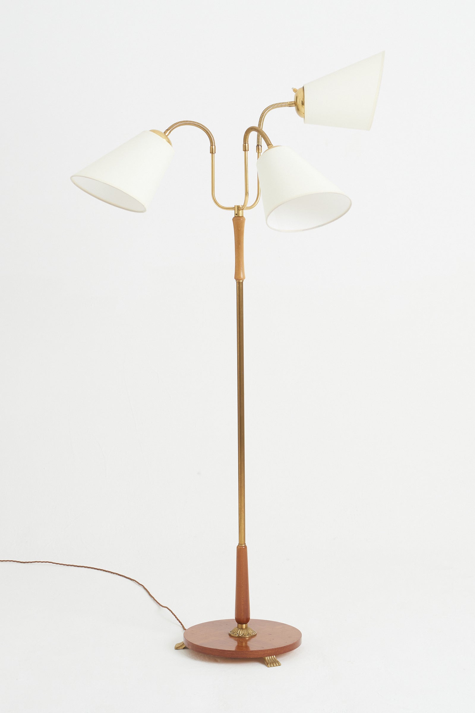8516- Brass and Mahogany Three Armed Floor Lamp