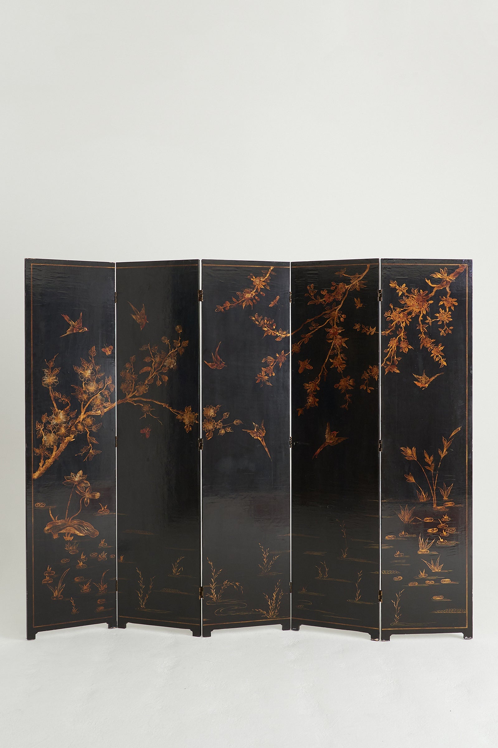 8564- Gold and Black Five-Leaf Screen