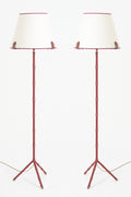 9072- Pair of Red Leather Floor Lamps by Jacques Adnet