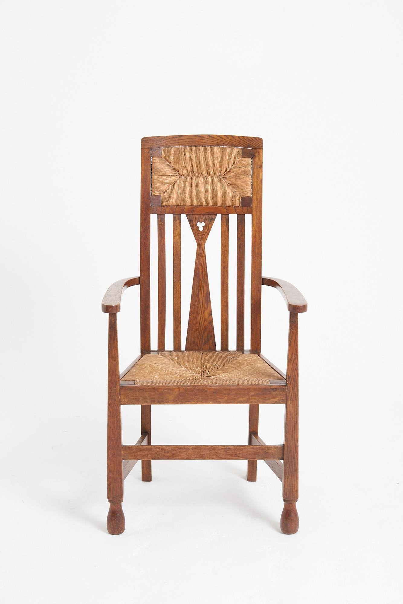 9168- Arts & Crafts Oak and Rush Armchair