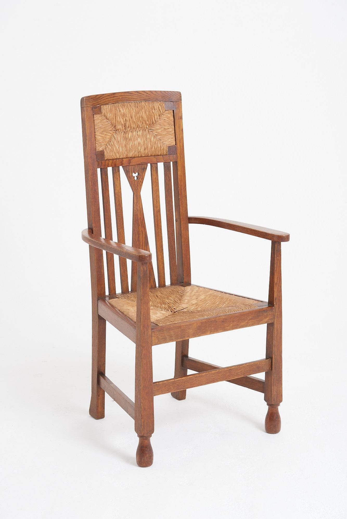 Arts & Crafts Oak and Rush Armchair
