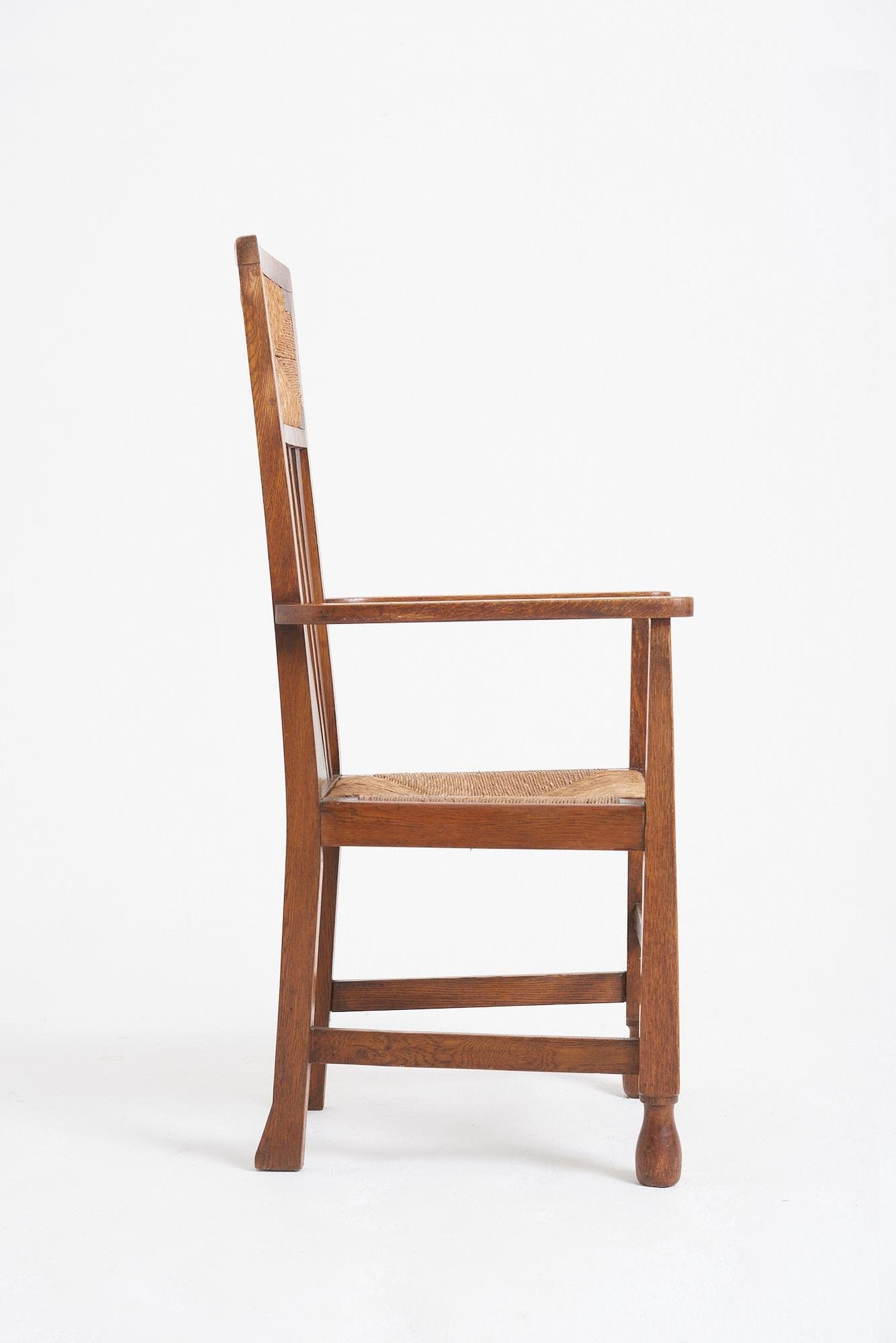 Arts & Crafts Oak and Rush Armchair