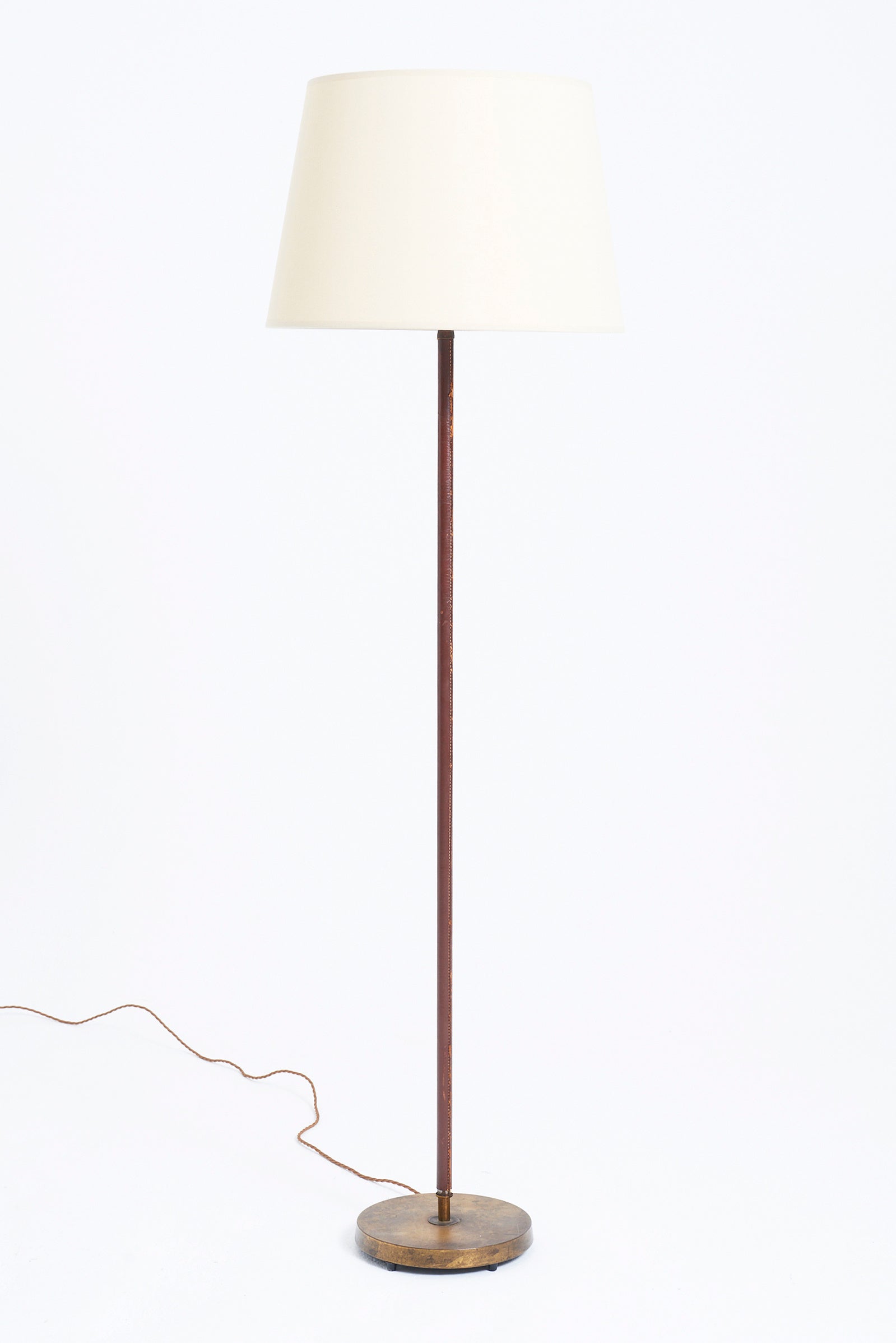 9312- Brass and Faux Brown Leather Floor Lamp