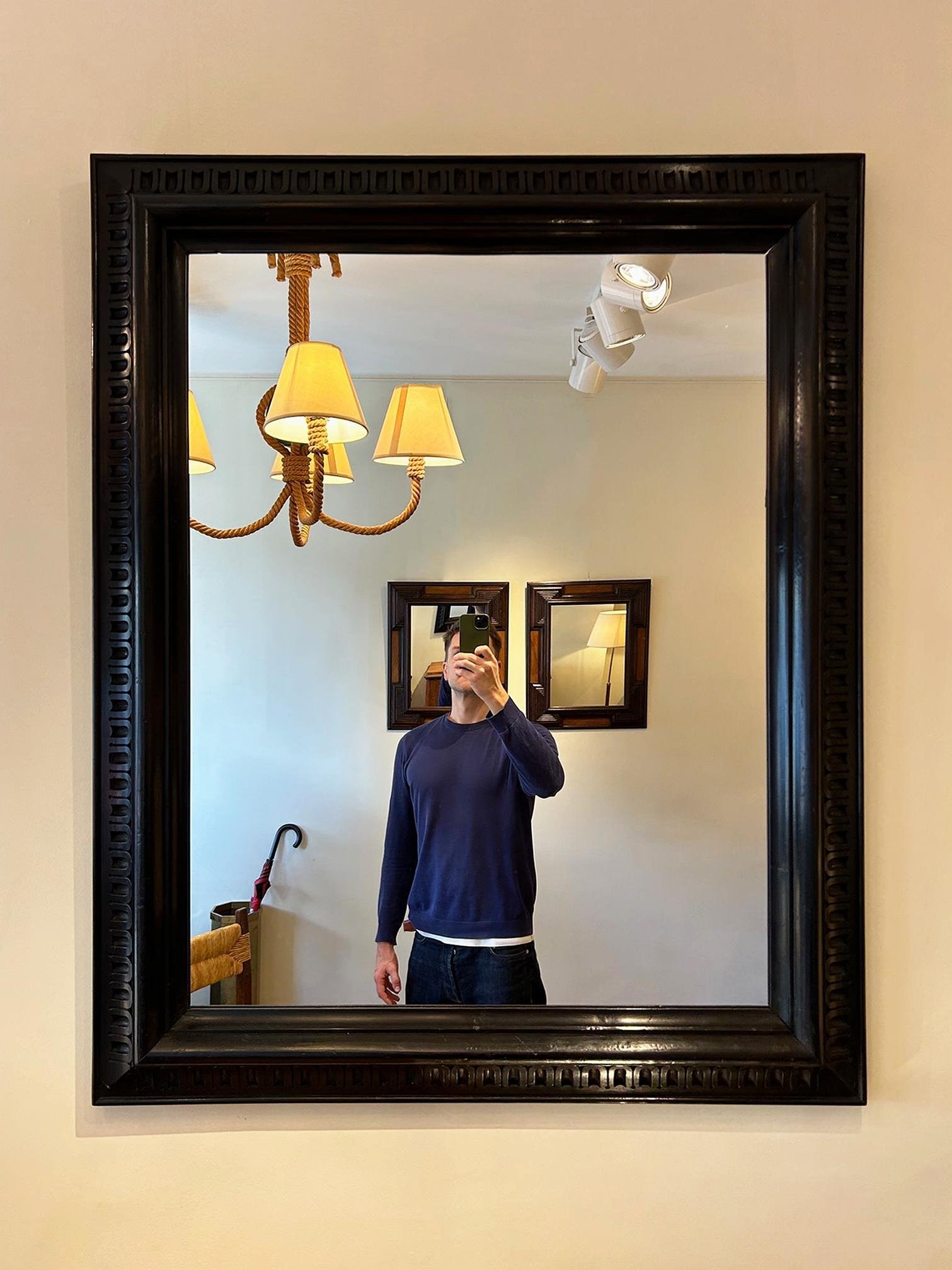 Pair of Ebonised Carved Wood Mirrors