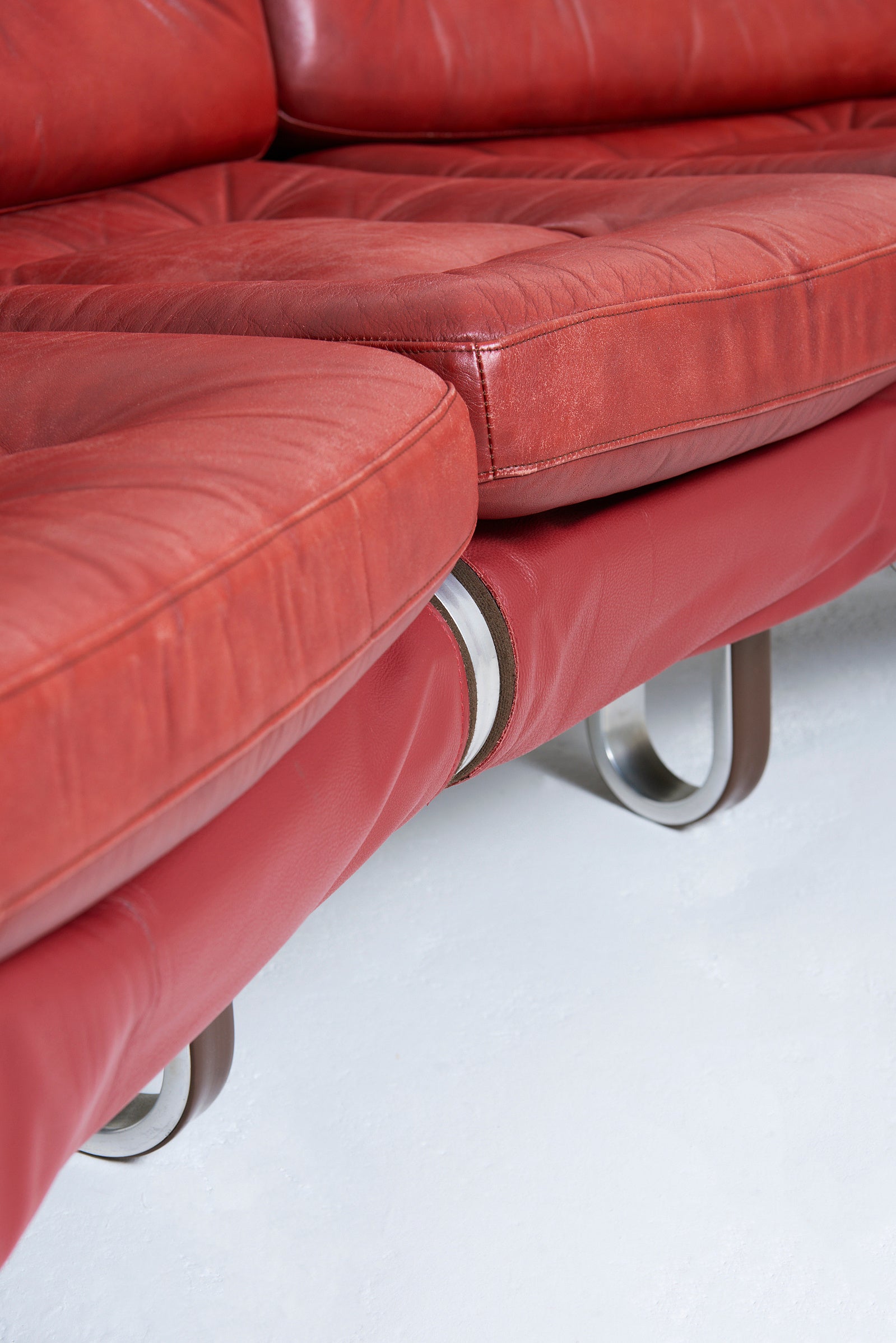 Red Leather Curved Sofa by Eric Sigfrid Persson