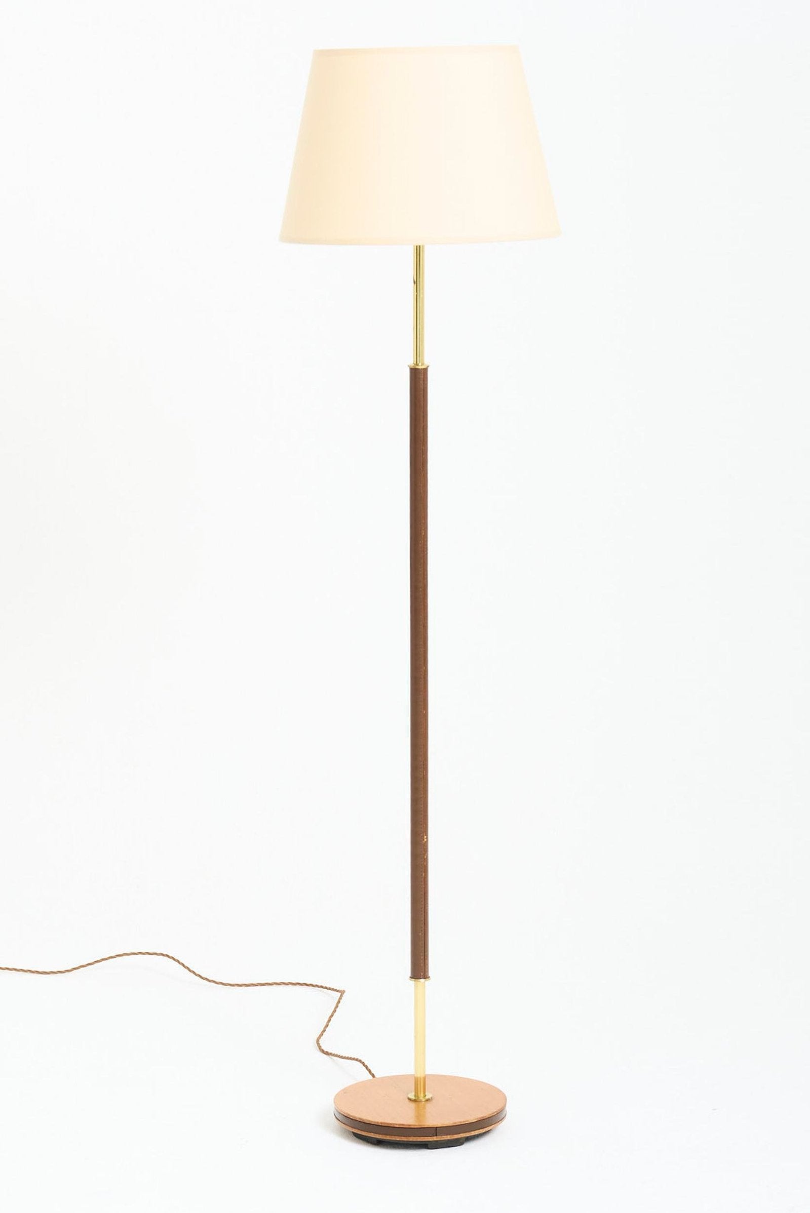9641- Mid-Century Brown Leather and Brass  Floor Lamp