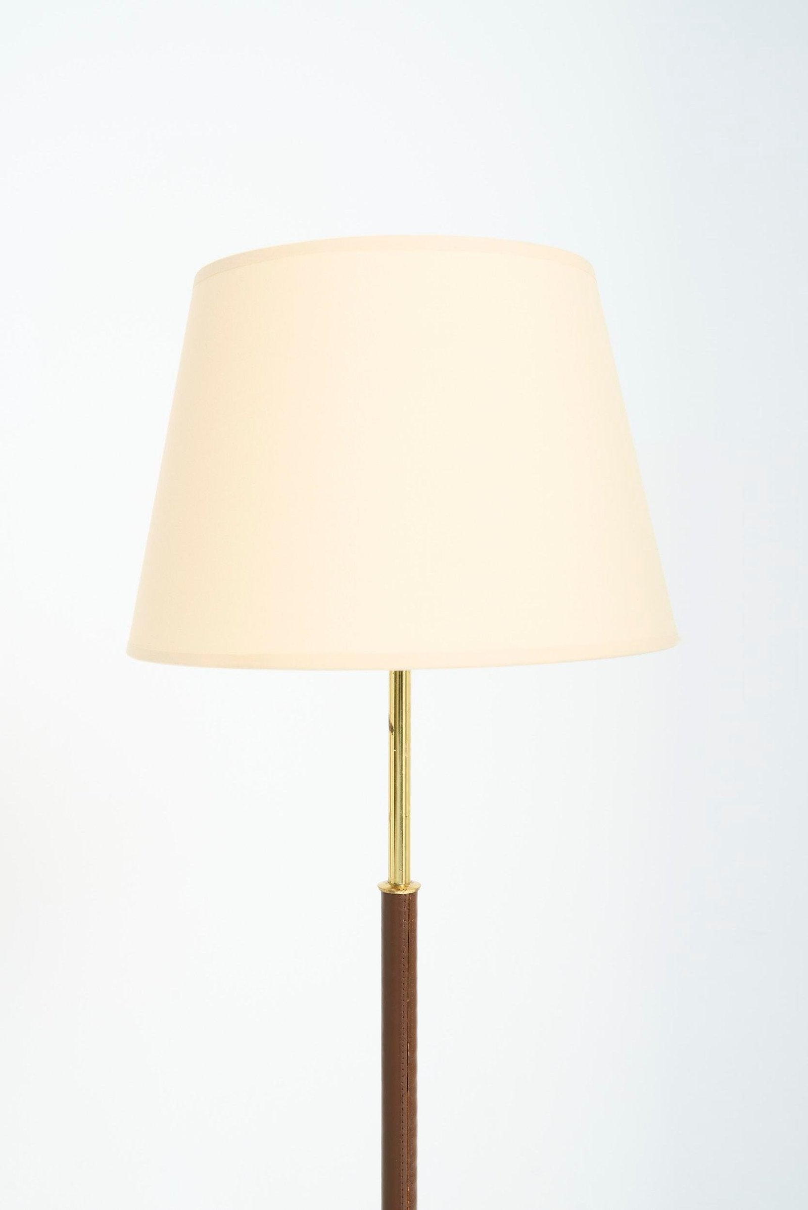 Mid-Century Brown Leather and Brass Floor Lamp