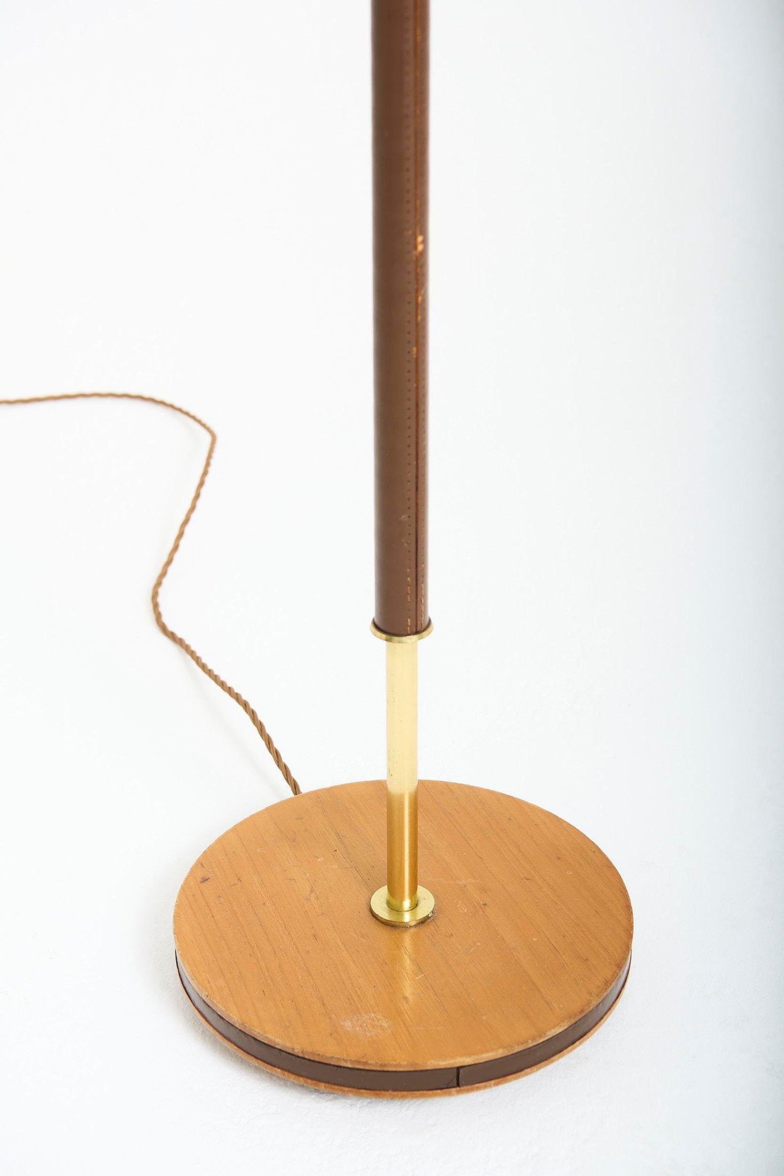 Mid-Century Brown Leather and Brass Floor Lamp