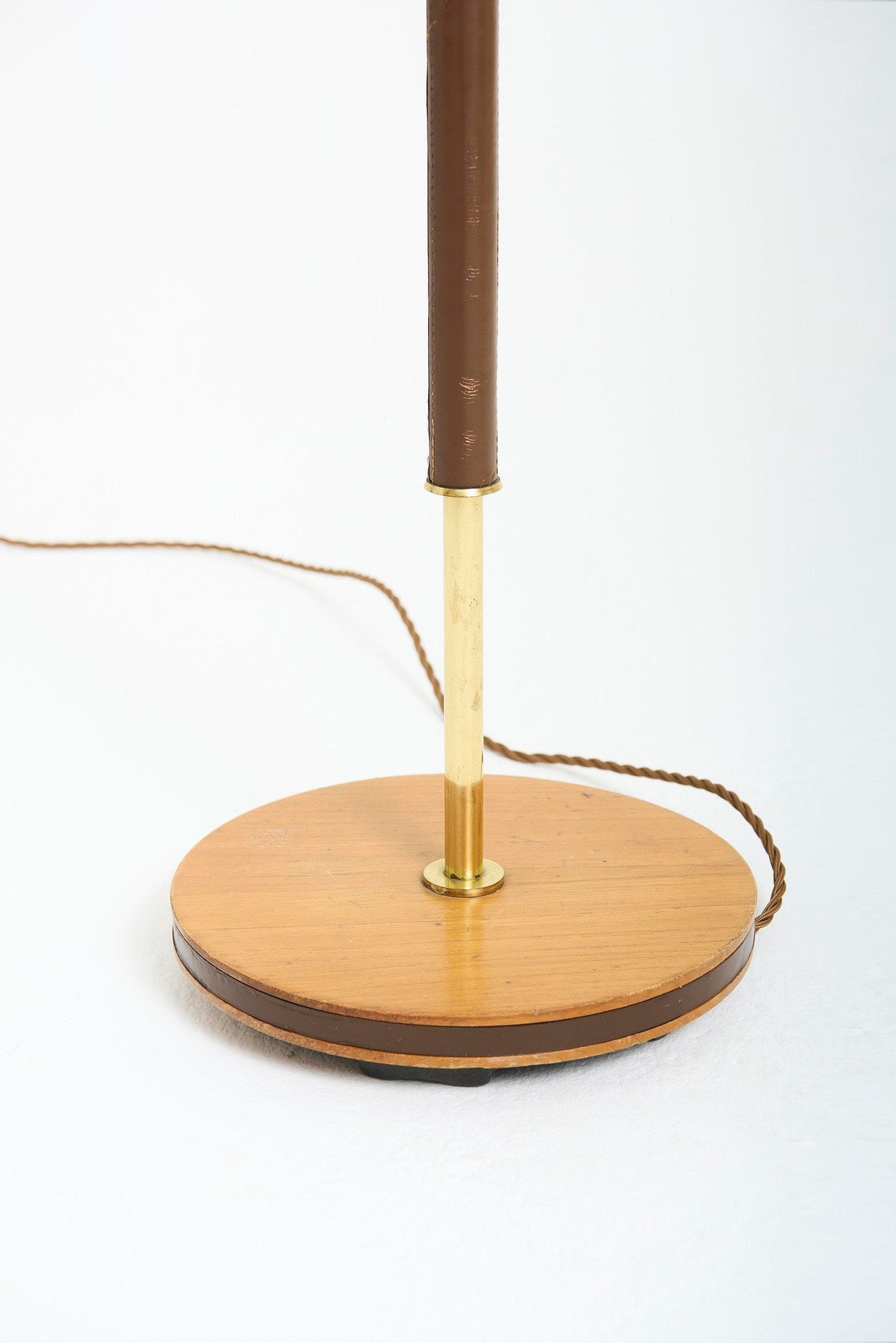Mid-Century Brown Leather and Brass Floor Lamp